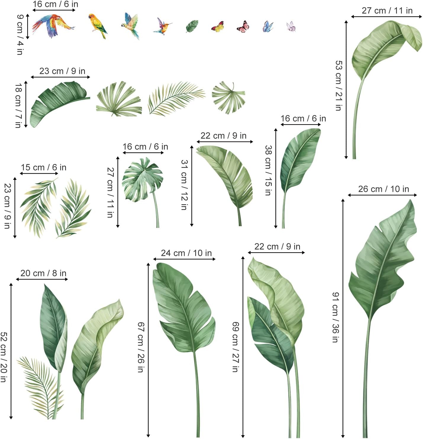 Tropical Palm Leaves Wall Decals / Green