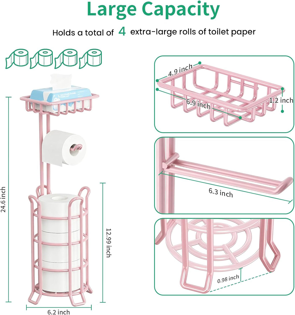 TomCare Toilet Paper Holder Free Standing with Shelf, Stable 4 Raised Feet | Stores 4 Mega Rolls, Tool-Free Assembly