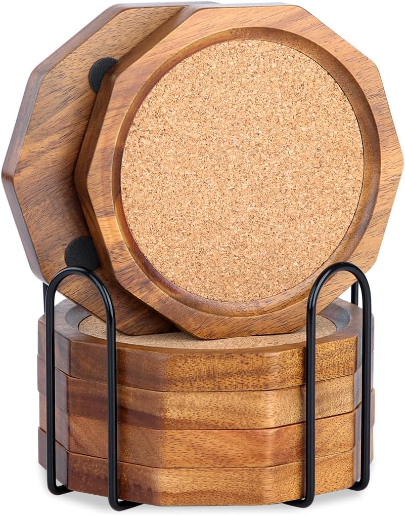 Holder / Decagonal Shape Acacia Wood Coaster Set Drink Coasters / Cork / 4.33 Inch