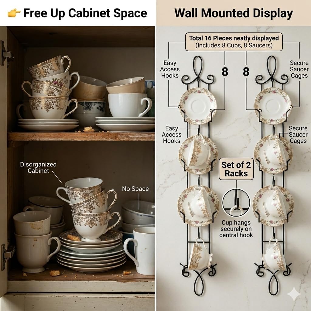 HOHIYA Wall Mount Tea Cup Rack 2 Pack Coffee Mug Organizer Black | Displays and organizes teacups, coffee mugs and