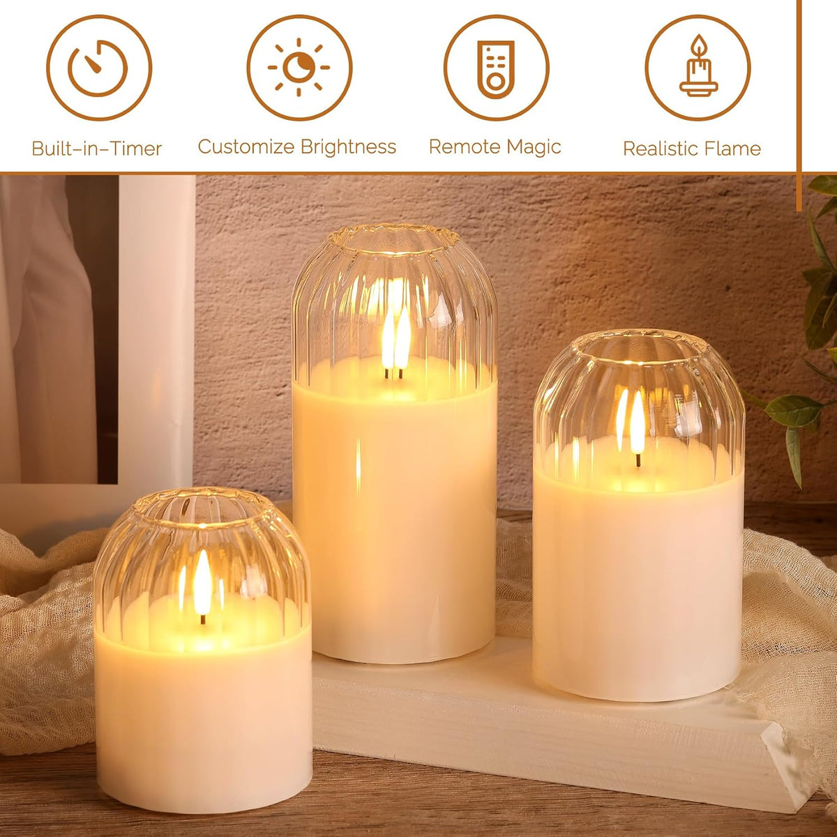 Clear Glass Flameless Pillar Candles with Remote Timer Set of 3 | Flickering LED Candles, Home Shelf Table Accent