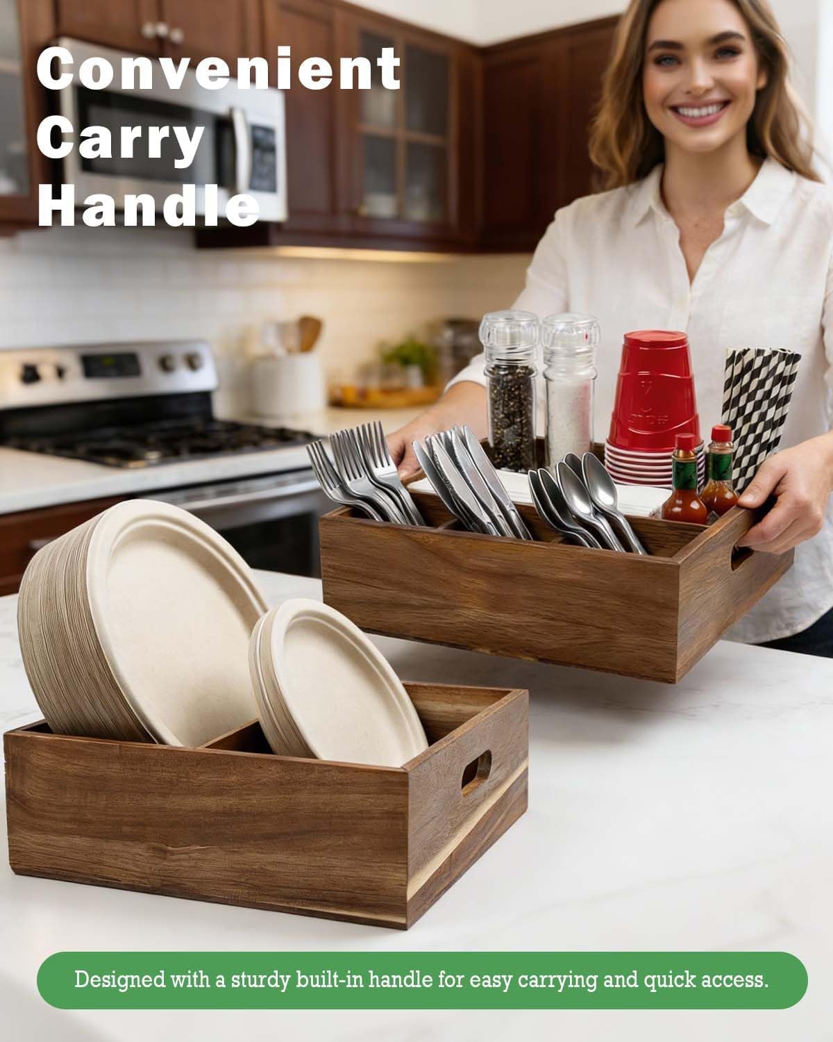 Acacia Wood Utensil Holder for Party -Nested Set of 2(Large 11" x 9.5" Plate Holder & Small 10" x 9" Utensil Caddy)