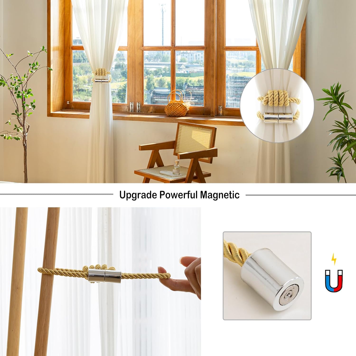 Curtain Tiebacks Magnetic Decorative Rope Tie Backs Holdbacks Contoeey | 8 Pack Gold Modern Elegant Window Treatment