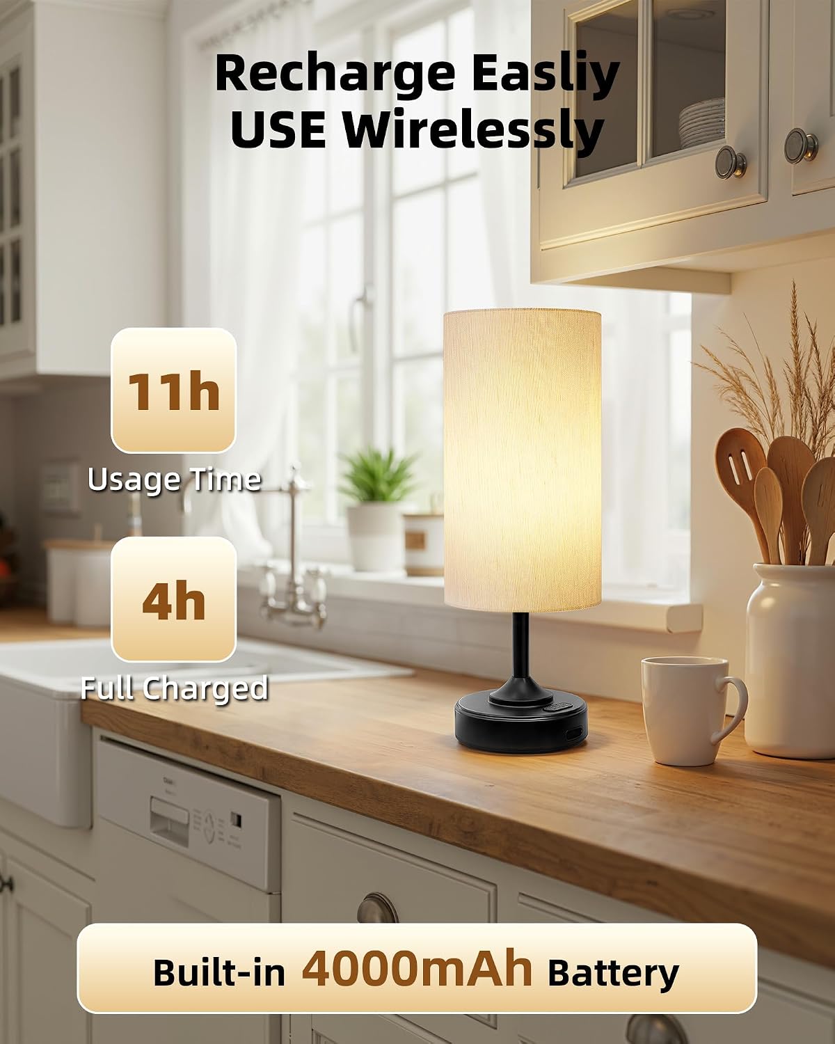 Battery Operated Lamp, Dimmable, Ambient Light, 2700K, Timer, Touch Control, Portable, LED, Wireless, Rechargeable