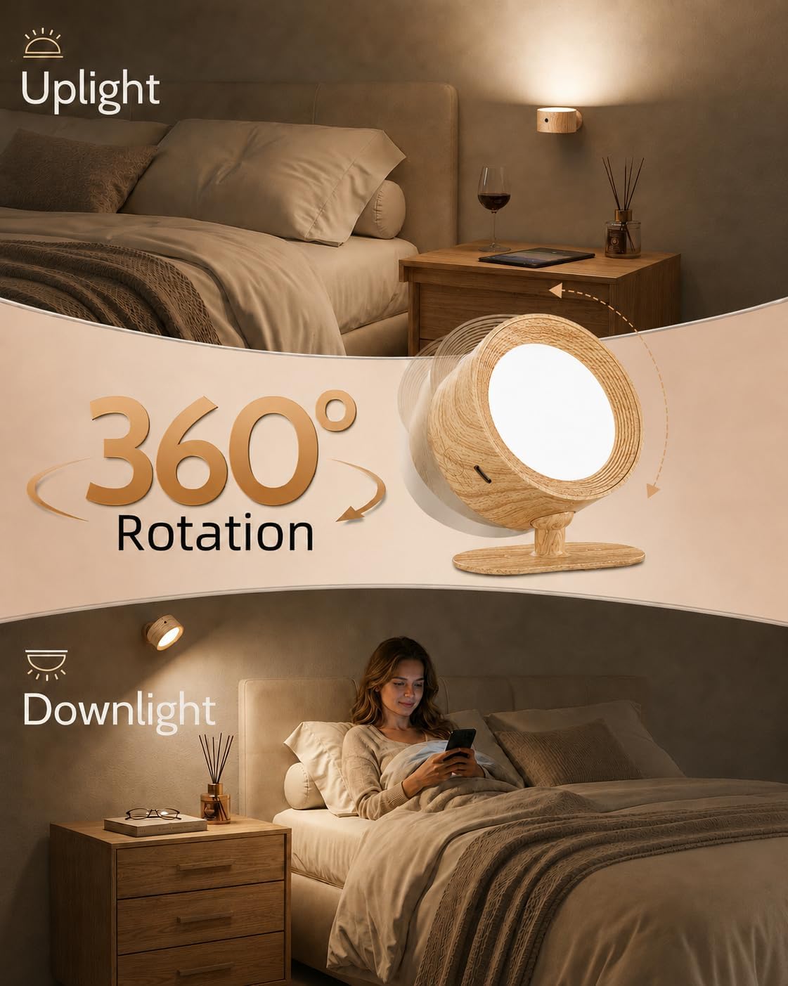 LED Wall Mounted Lights, Rechargeable Wall Sconces, 3 Color Temps, Remote & Touch, 360° Rotating and Dimmable for