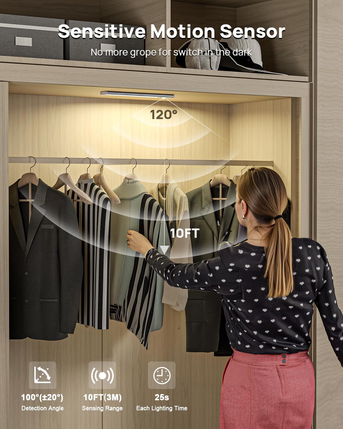 Under Cabinet Lights Wireless, Motion Sensor Light Indoor, Stick On Magnetic Closet Lights with Remote, 3 Color Temps &
