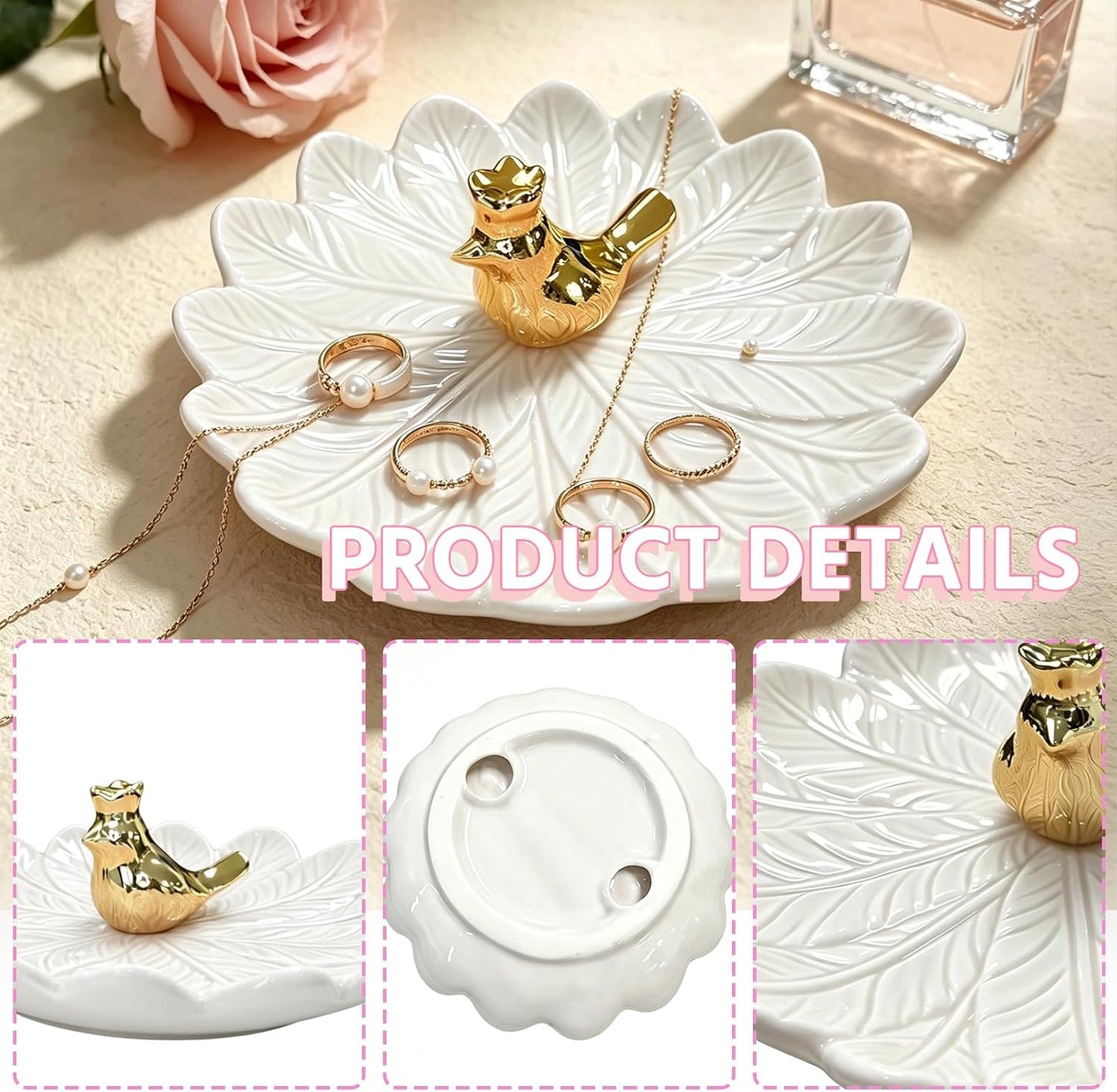 Golden Bird Ceramic Ring Holder Dish for Women / White