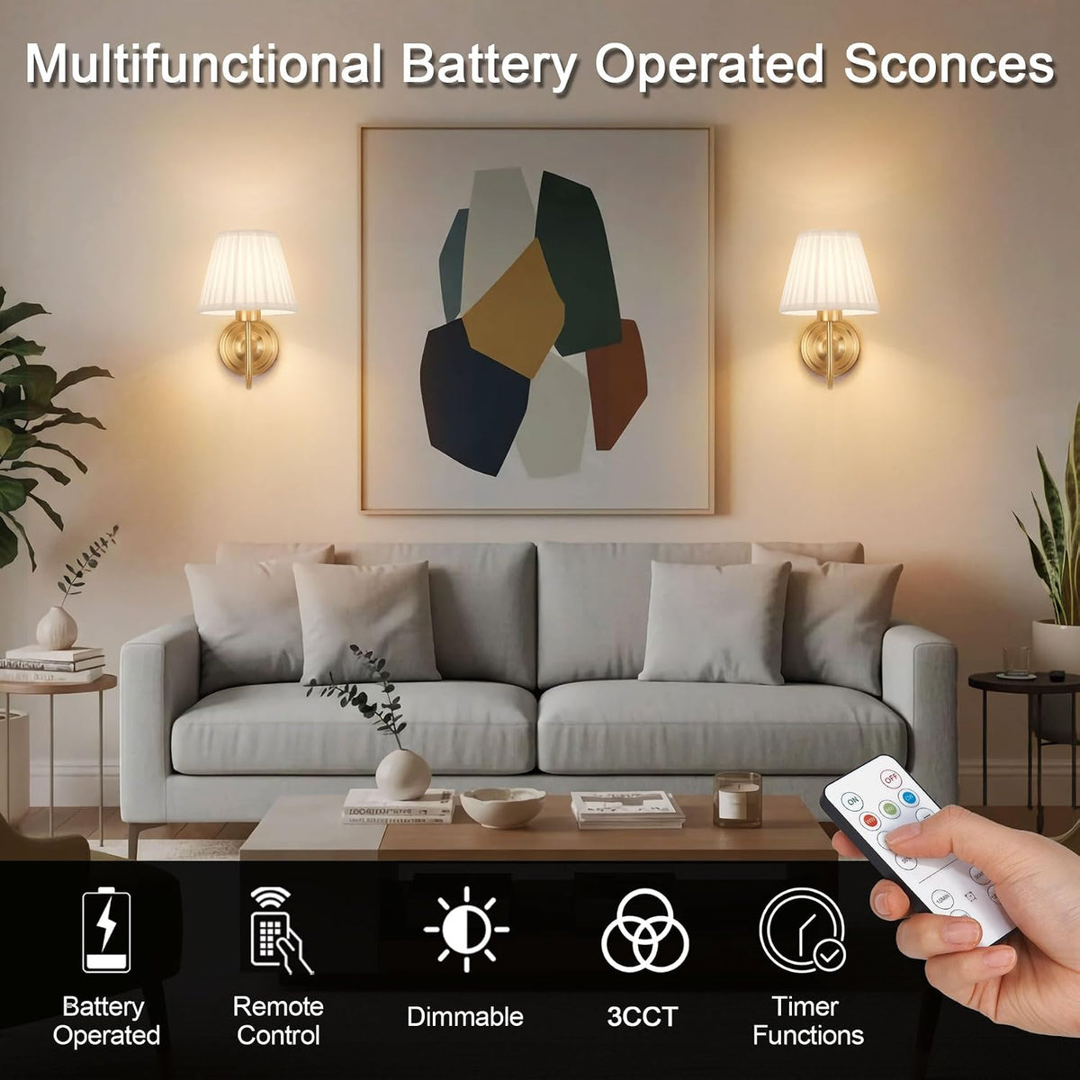 Gold Wireless Wall Sconce Set of 2, Battery Operated Wall Lights with Remote Control & 3 CCT Color Temperature Dimmable