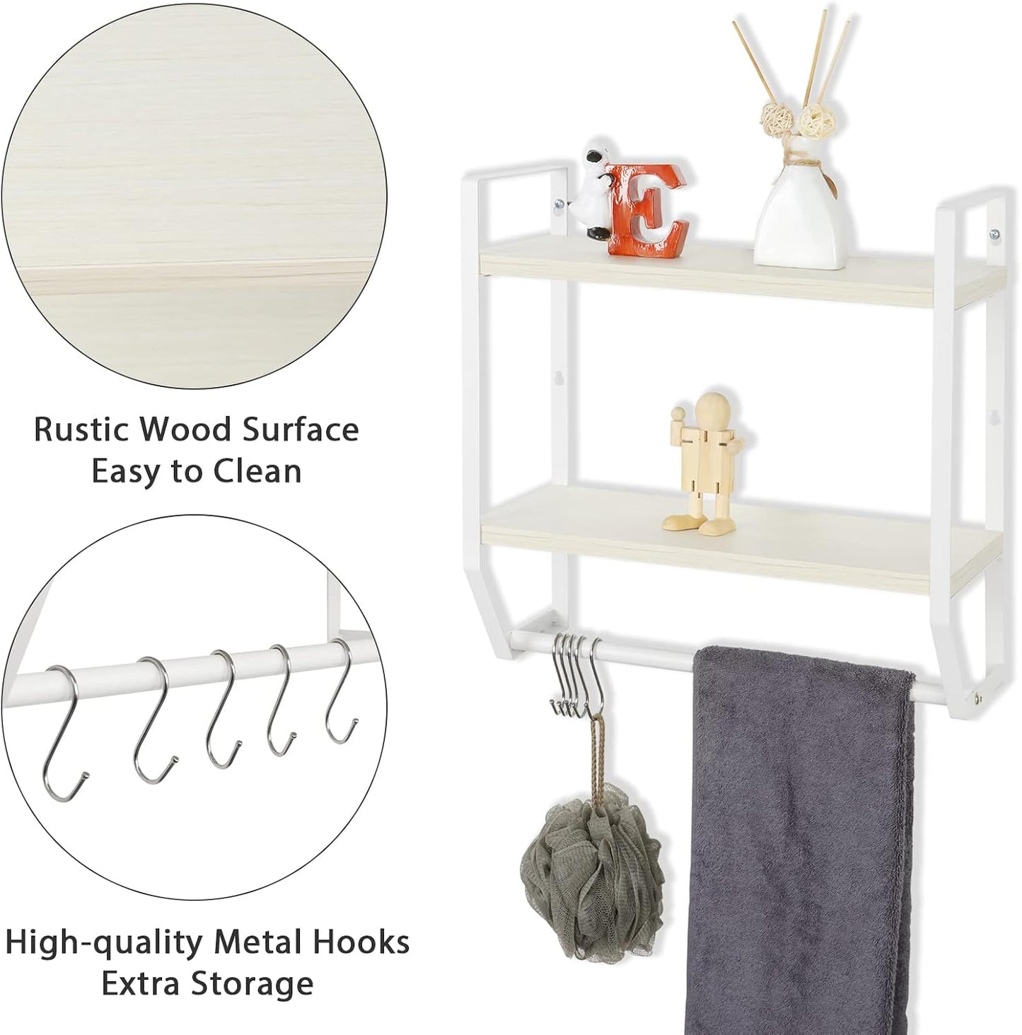 OYEAL Bathroom Shelf with Towel Bar Wall Mounted | Towel RaRustic Towel Shelf for Bathroom with 5 Hooks, 2 Tier Shelf