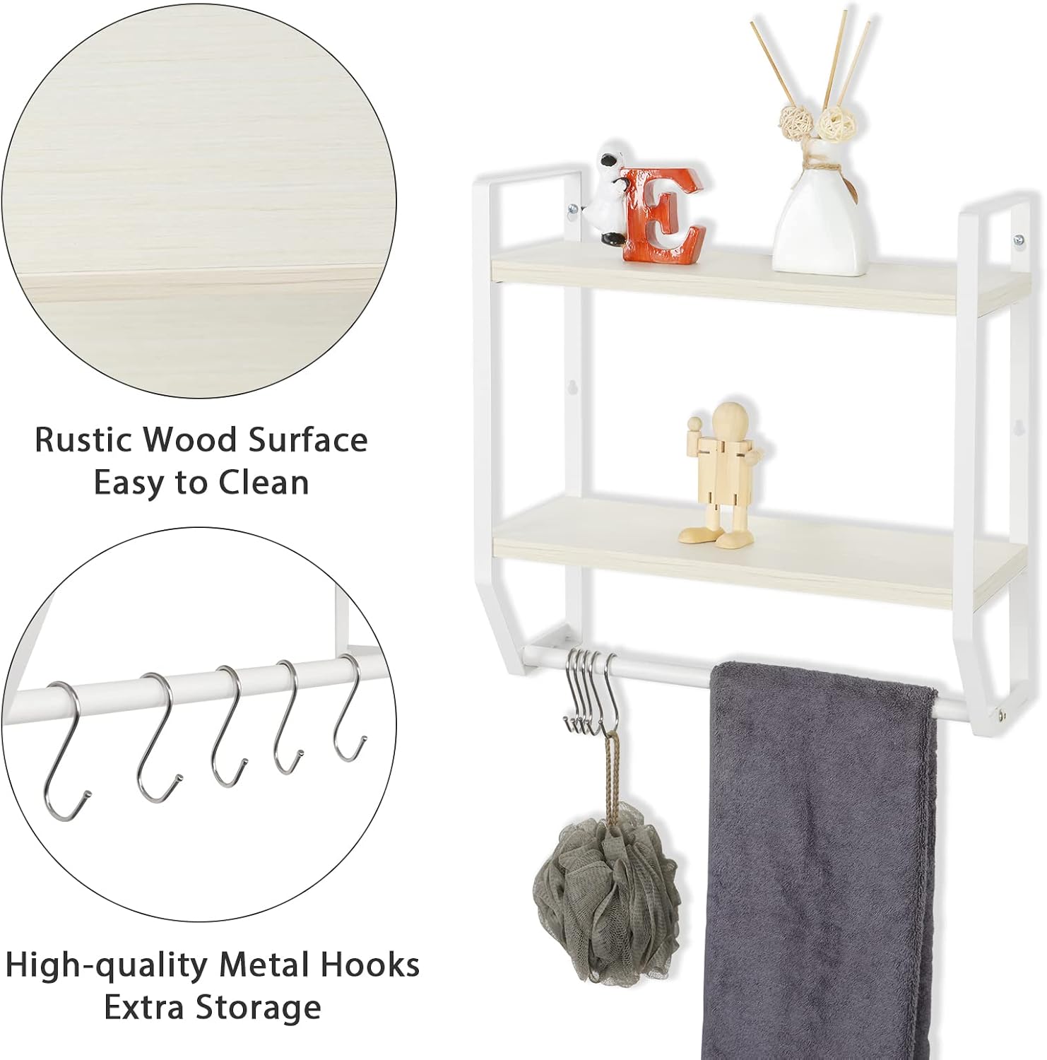 OYEAL Bathroom Shelf with Towel Bar Wall Mounted | Towel RaRustic Towel Shelf for Bathroom with 5 Hooks, 2 Tier Shelf