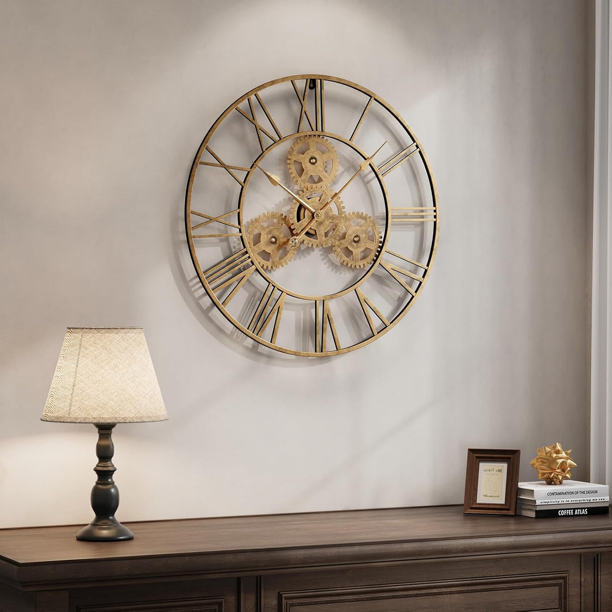 Cuspin 24 Inch Gold Wall Clock with Gears, Modern Industrial Metal Clock | Roman Numeral, silent non ticking, battery