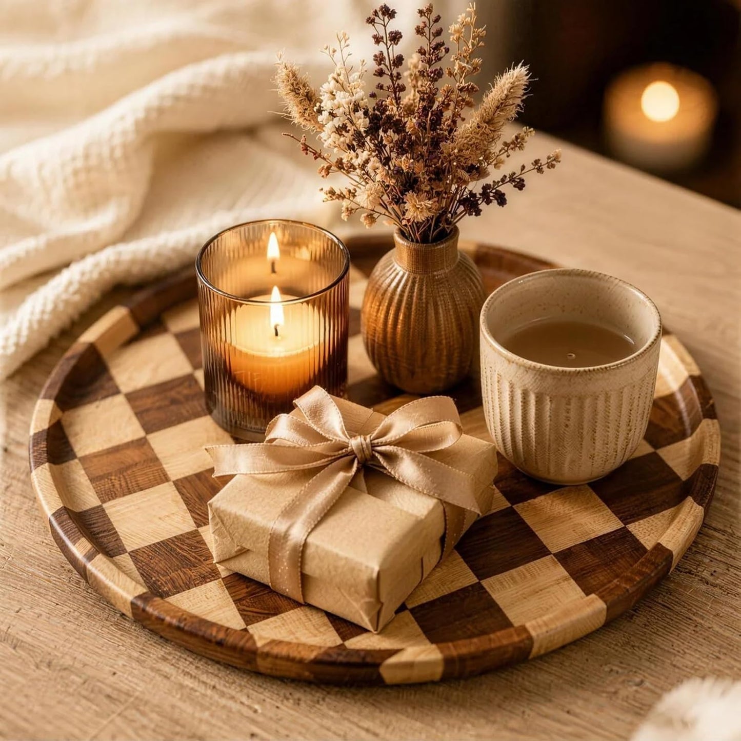 Checkered Tray Round Wooden Trays for Decor / 11 Inch
