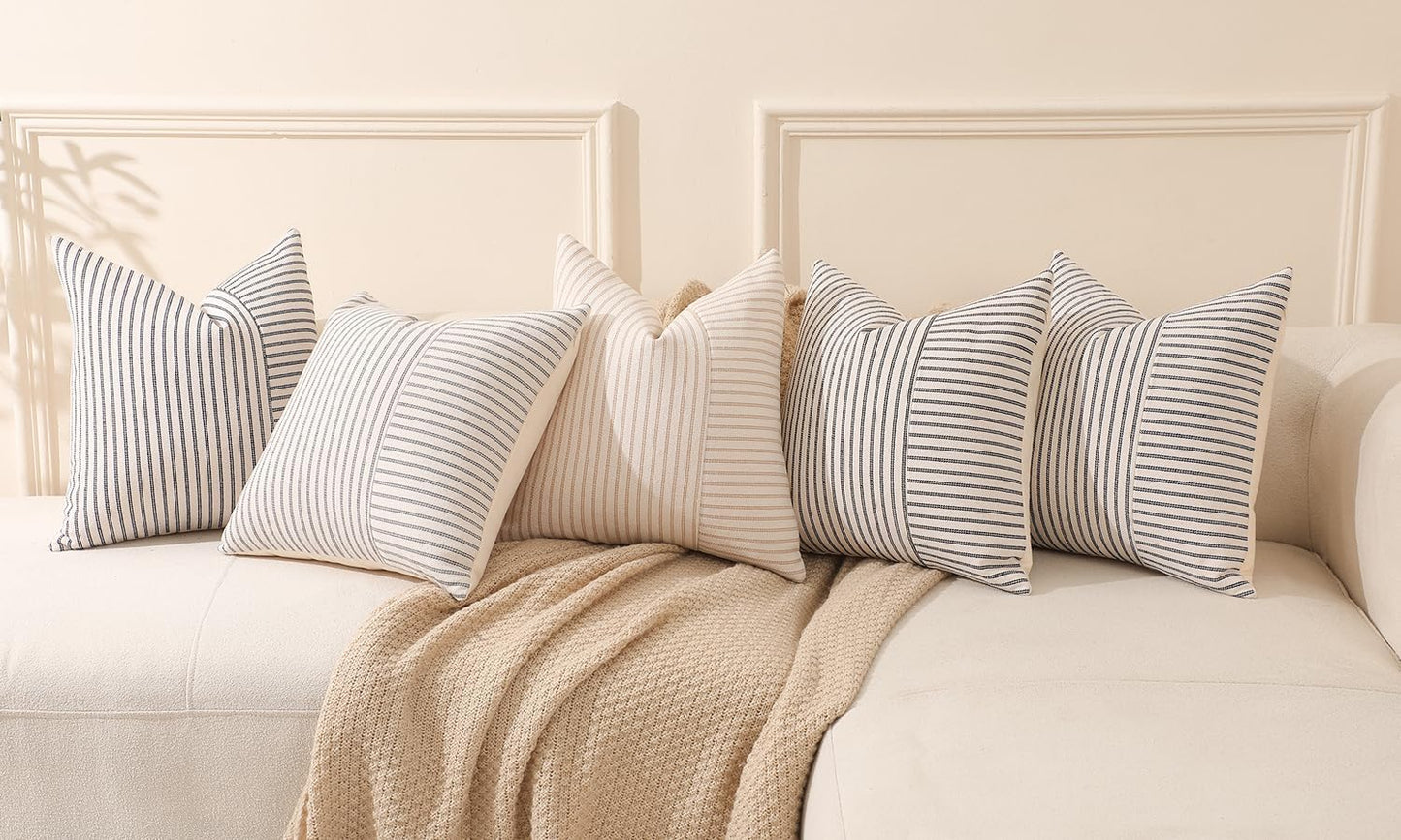 Farmhouse Throw Pillow Covers Striped Linen Decorative Pillows Case / Grey / 18 x 18 / Set of 2