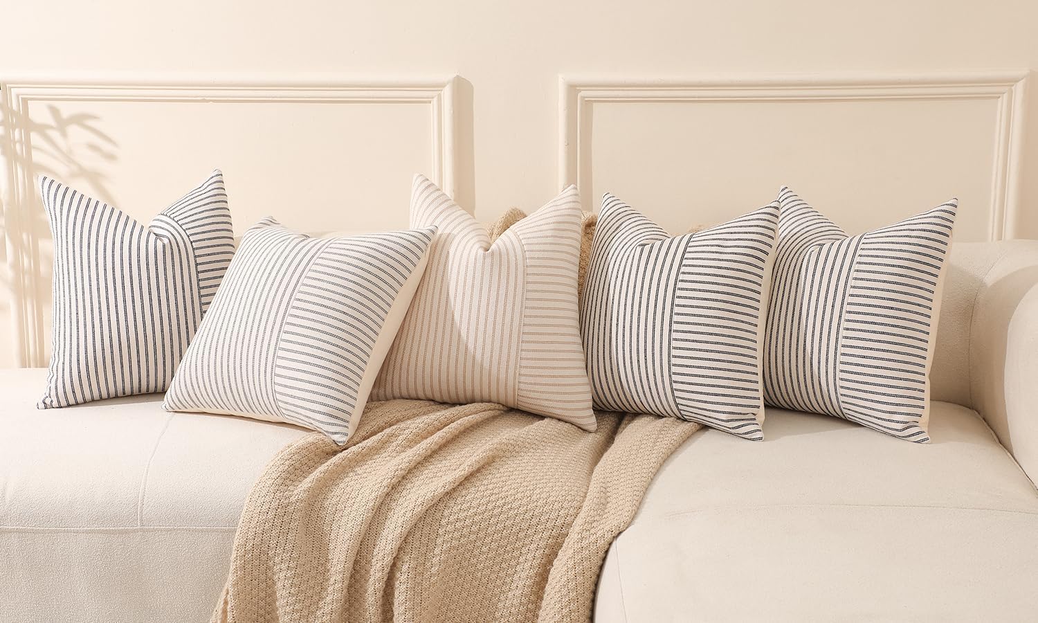 Farmhouse Throw Pillow Covers Striped Linen Decorative Pillows Case / Grey / 18 x 18 / Set of 2