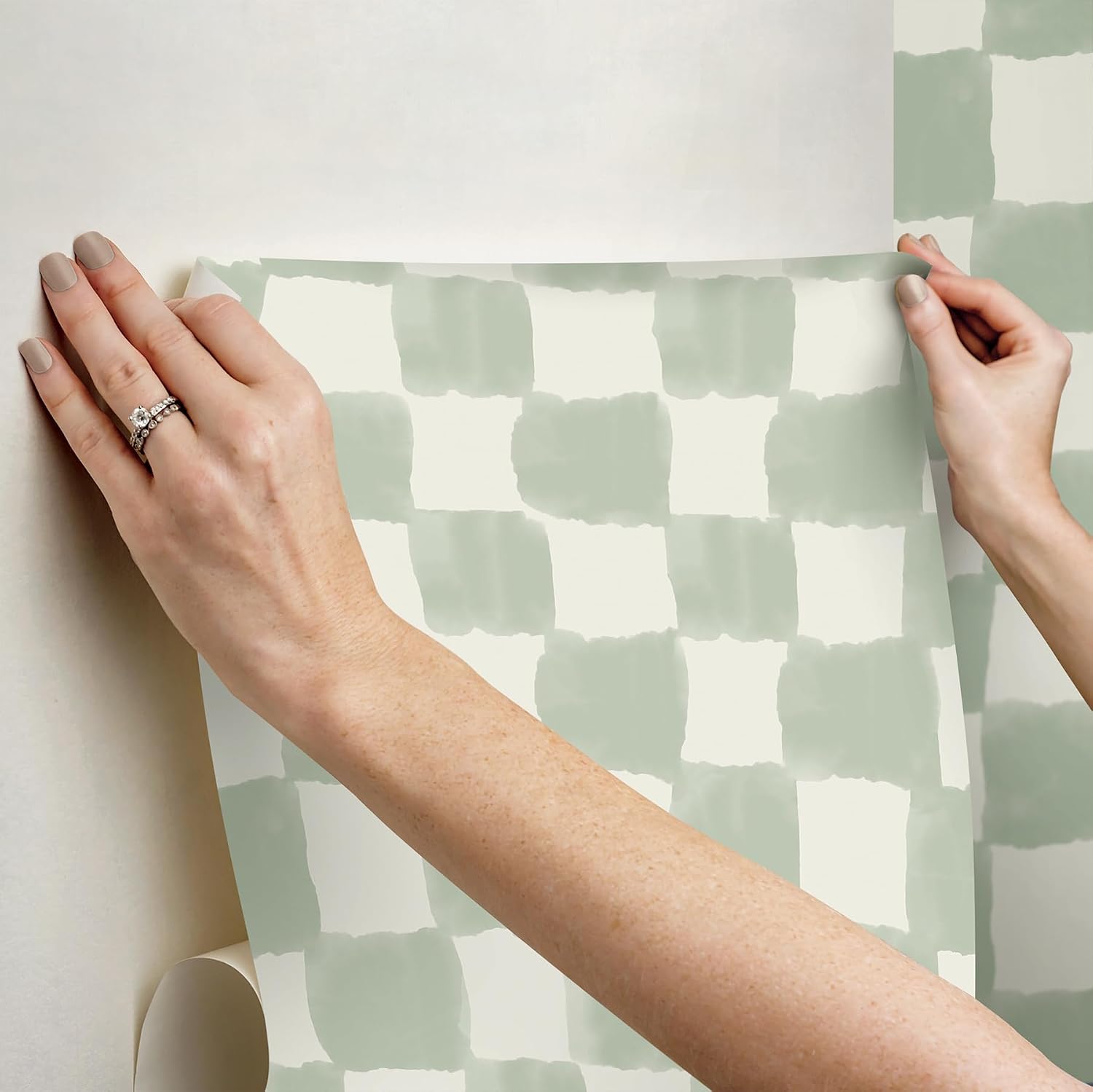 RoomMates Tess Watercolor Checker Sage Peel and Stick Wallpaper / Green