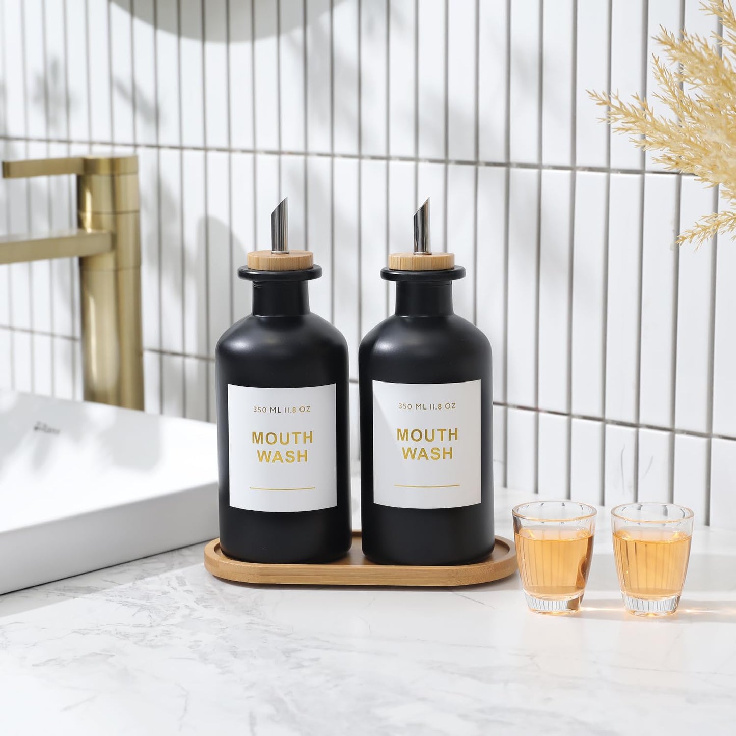 11.8OZ Glass Mouthwash Dispenser, Set of 2, Black | Stainless Steel & Bamboo Nozzle, Reusable Mouthwash Cup, Bamboo