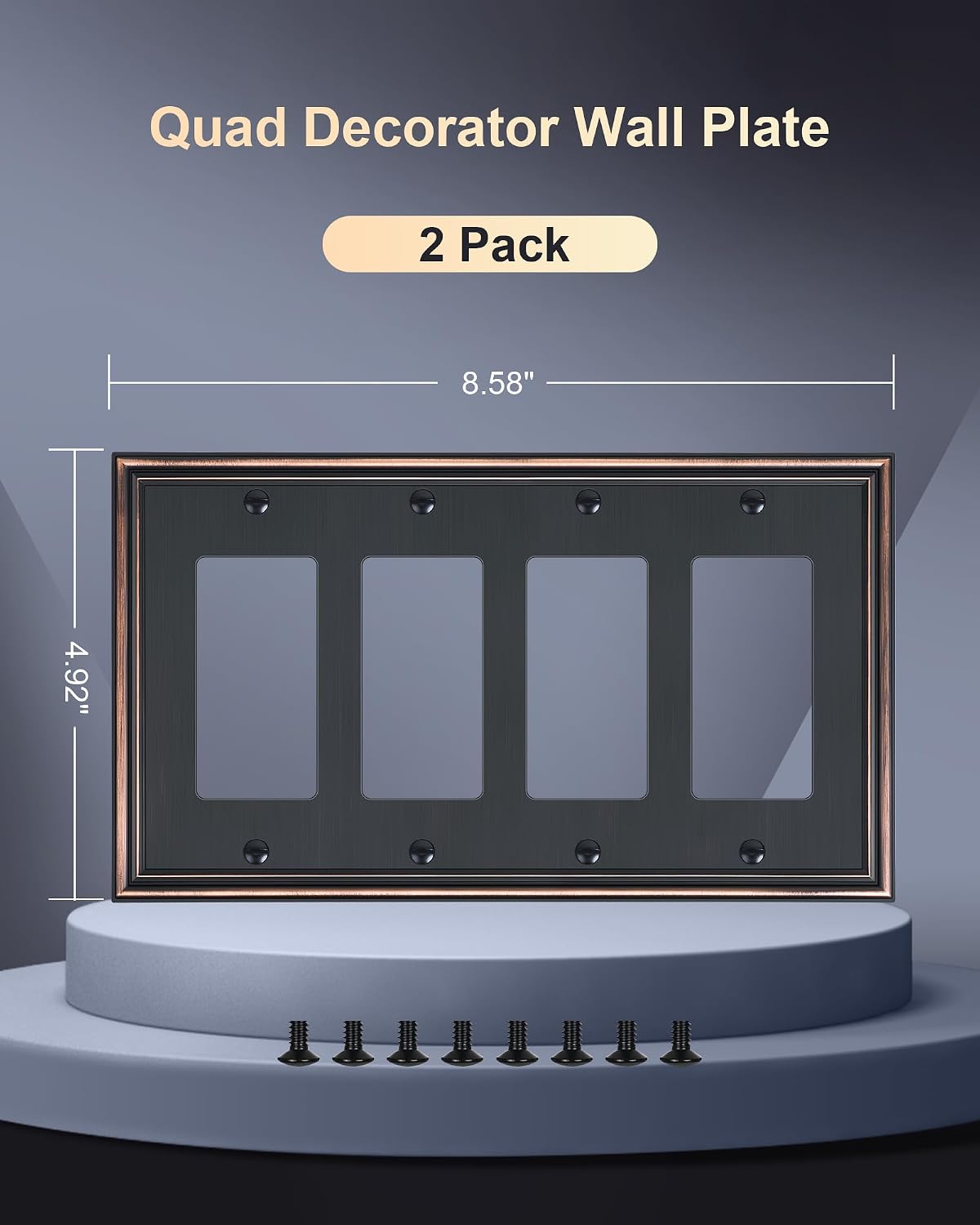 2-Pack Zinc Alloy Quad Decorator Outlet Cover Plate, Solid Wall Plates | Decorative Switch Plates and Outlet Covers, 4