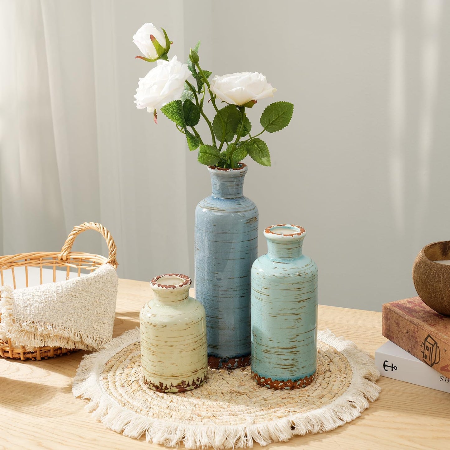 Rustic Farmhouse Vase / 105-pale Teal Wood / Set of 3
