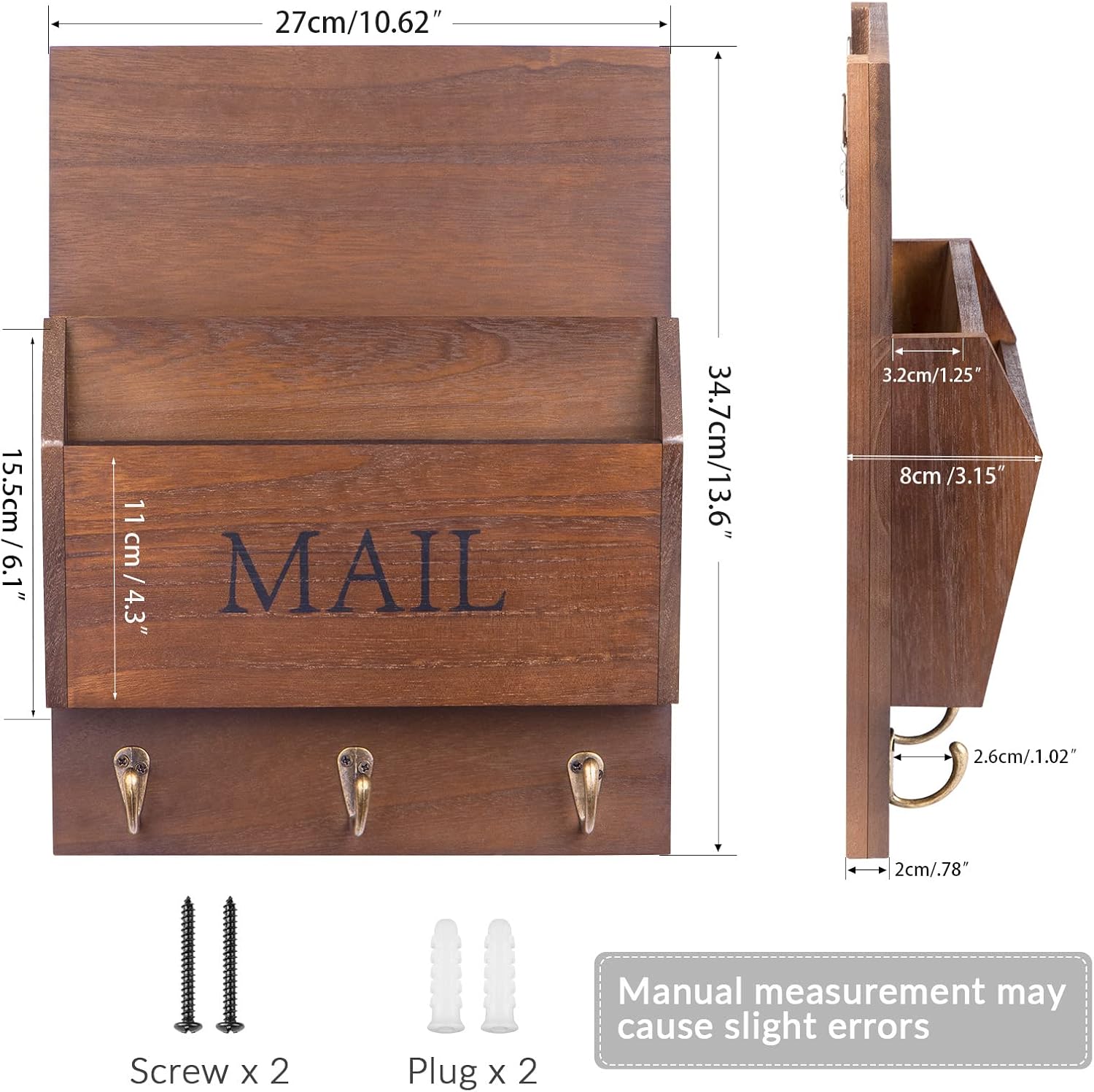 Wooden Mail Holder / Dark Brown / Wall Mount