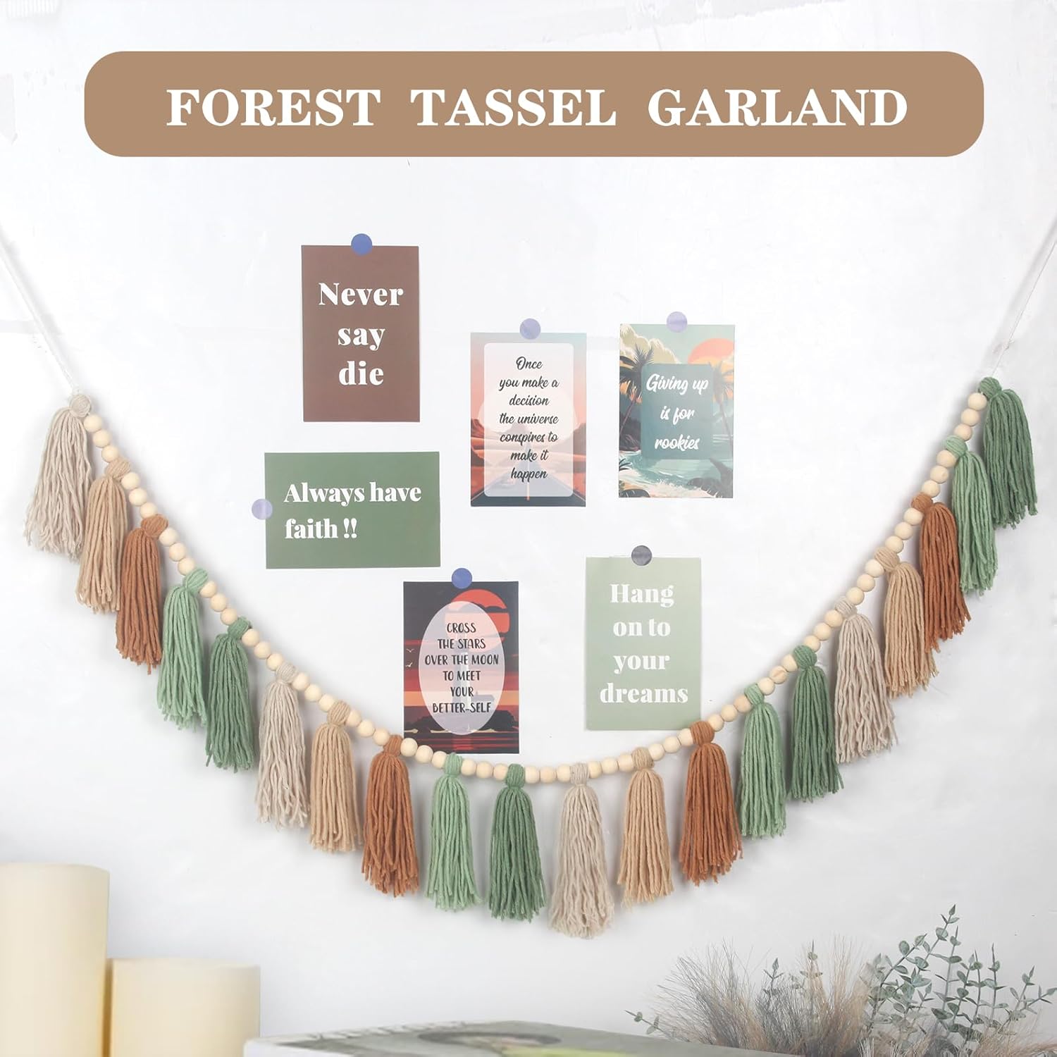 Sage Green Brown Boho Yarn Wood Bead Tassel Garland Wall Hanging Decor Neutral Earth / Green&brown