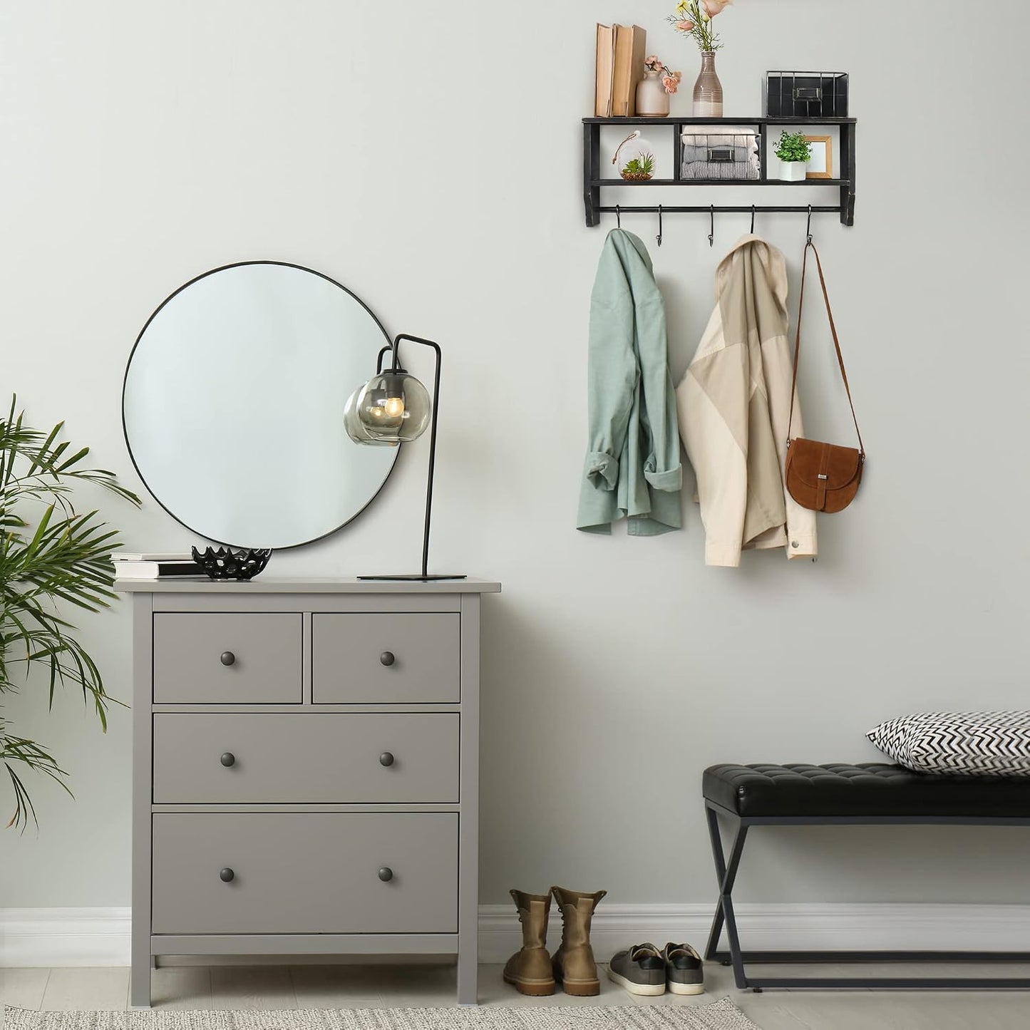 HBCY Creations Wall Mounted Shelf with Coat Hooks and Baskets, Solid Wood Entryway Organizer Wall Shelf with Hooks