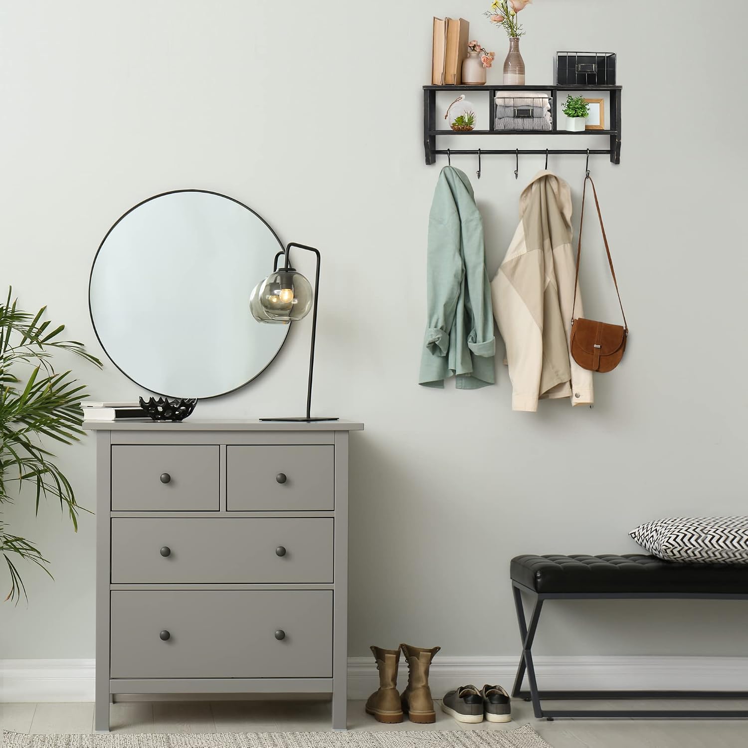 HBCY Creations Wall Mounted Shelf with Coat Hooks and Baskets, Solid Wood Entryway Organizer Wall Shelf with Hooks