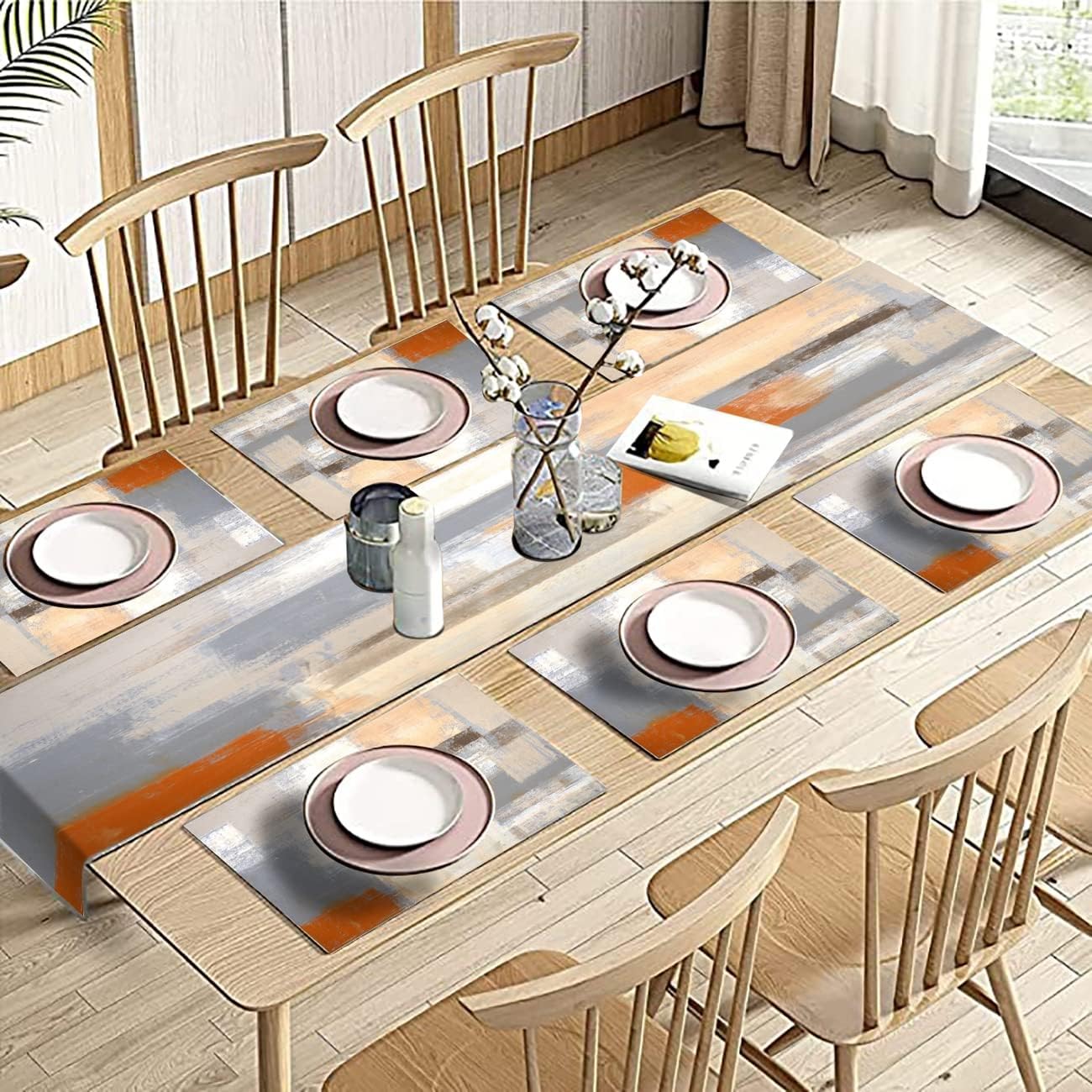 Orange and Brown Abstract Modern Table Runner with Place Mats Set of 7 Retro Graffiti Art Painting Linen Dining Mat