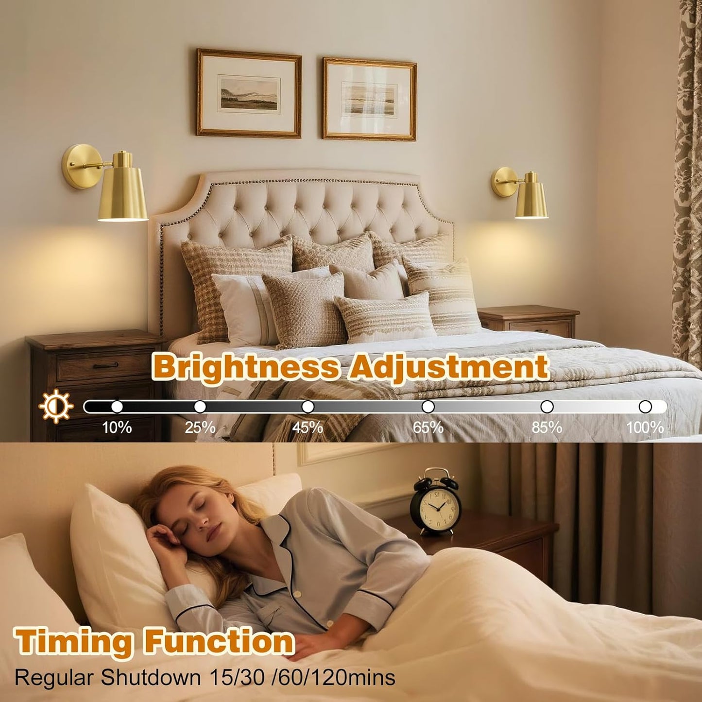 Gold Battery Operated Wall Sconces Set of Two with Remote, Rechargeable Battery Powered Wall Lights, 3 Color