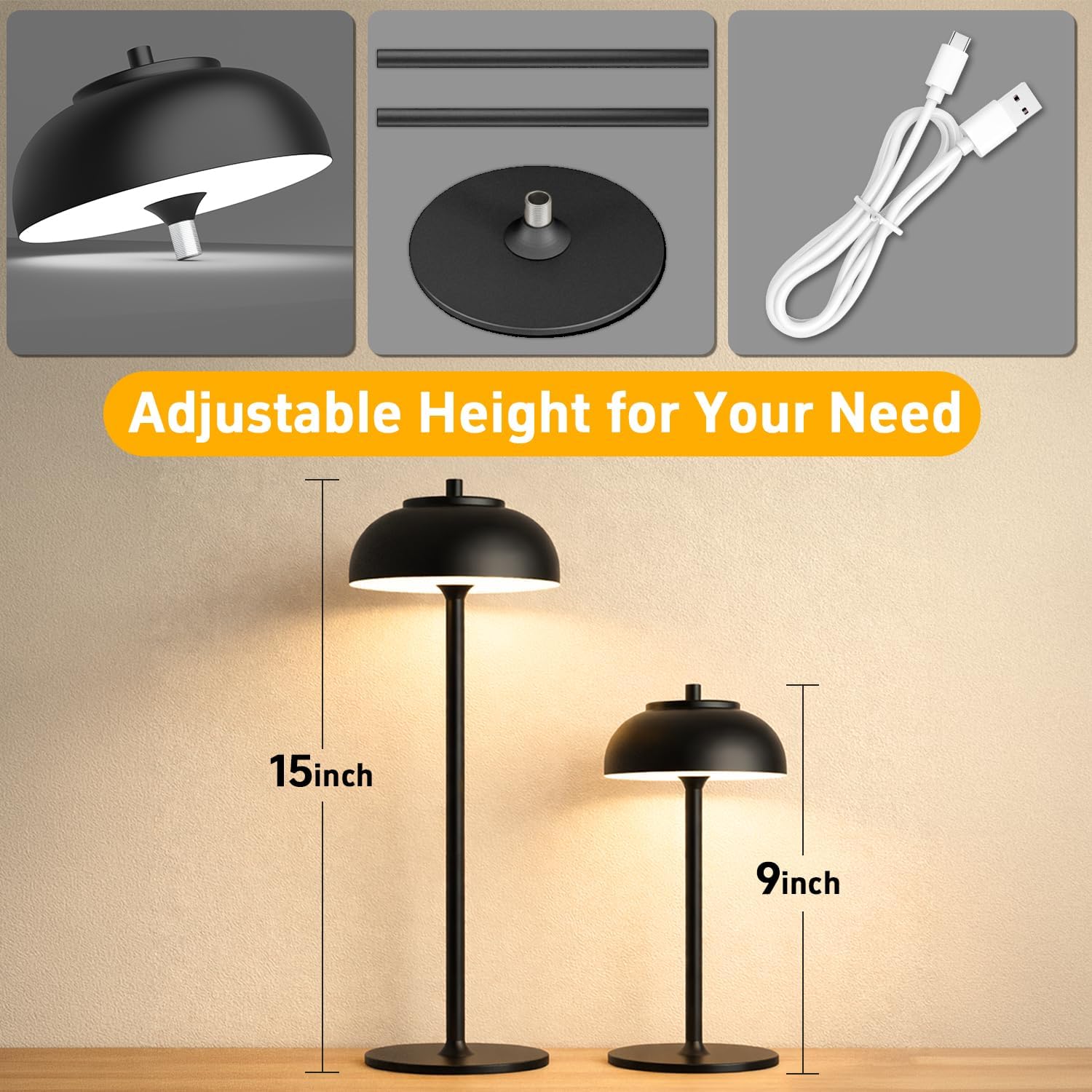 Cordless Table Lamps, Rechargeable LED Touch Lamp, Black, 2 Pack | Waterproof, 5000mAh battery, 3 color temperatures