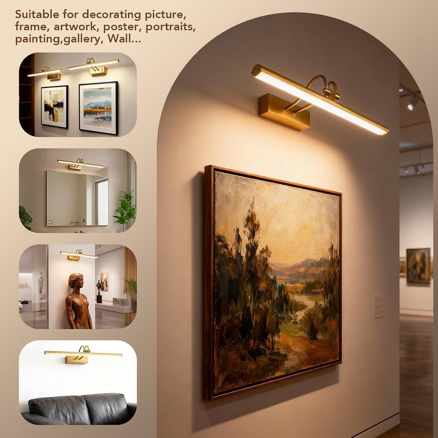 Picture Light for Wall,5000mAh Wireless Wall Light,16" Art Light,Brass | Rechargeable Photo Lights,Remote Timer and
