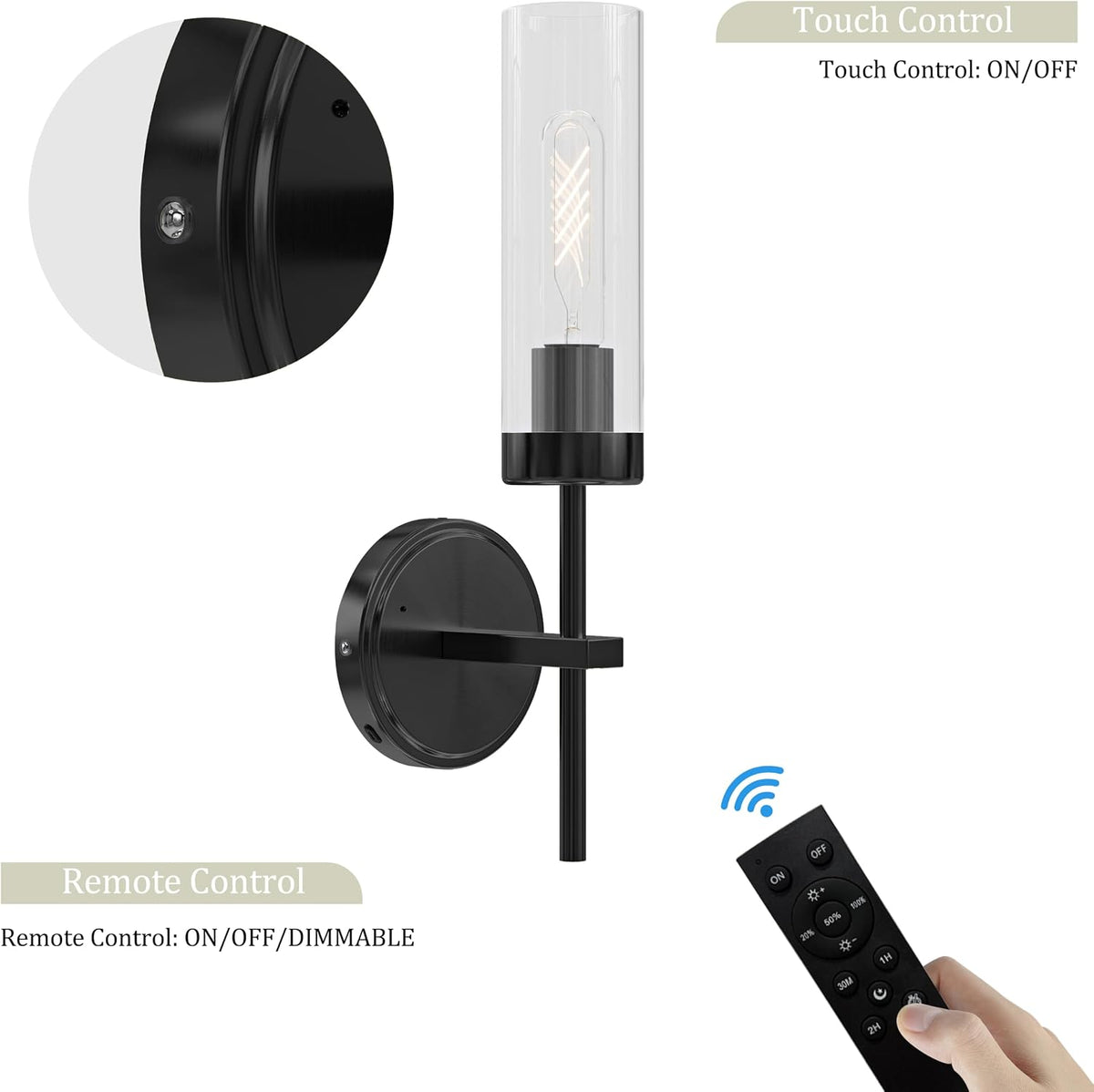 Black Battery Operated Wall Sconce, Wireless Wall Sconces with Remote Control, Rechargeable 3000K Dimmable Wall Light