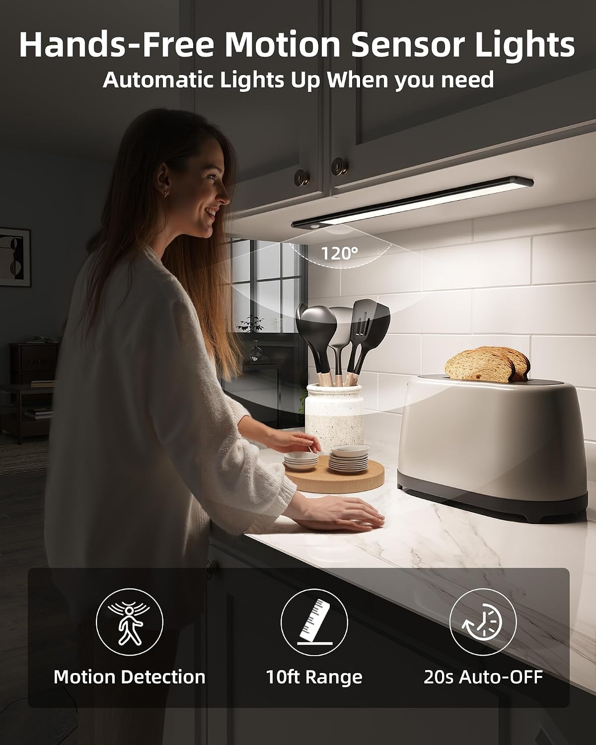 EZVALO 14.5 inch Under Cabinet Lighting, 3200mAh Rechargeable Motion Sensor Lights Indoor 3 Color Temps, Magnetic Stick