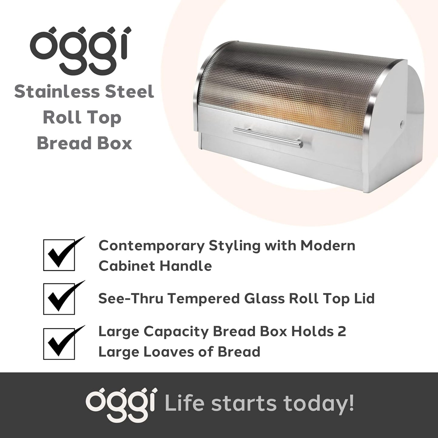 Oggi Stainless Steel Roll Top Bread Box for Kitchen Countertop with Tempered Glass Lid - Fits Multiple Large Loaves of
