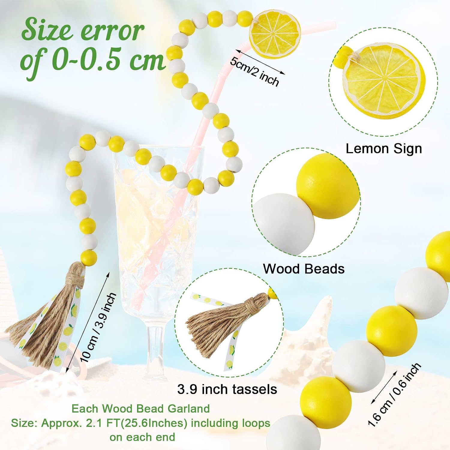 Lemon Wood Bead Garland / Bright Color / Set of 2