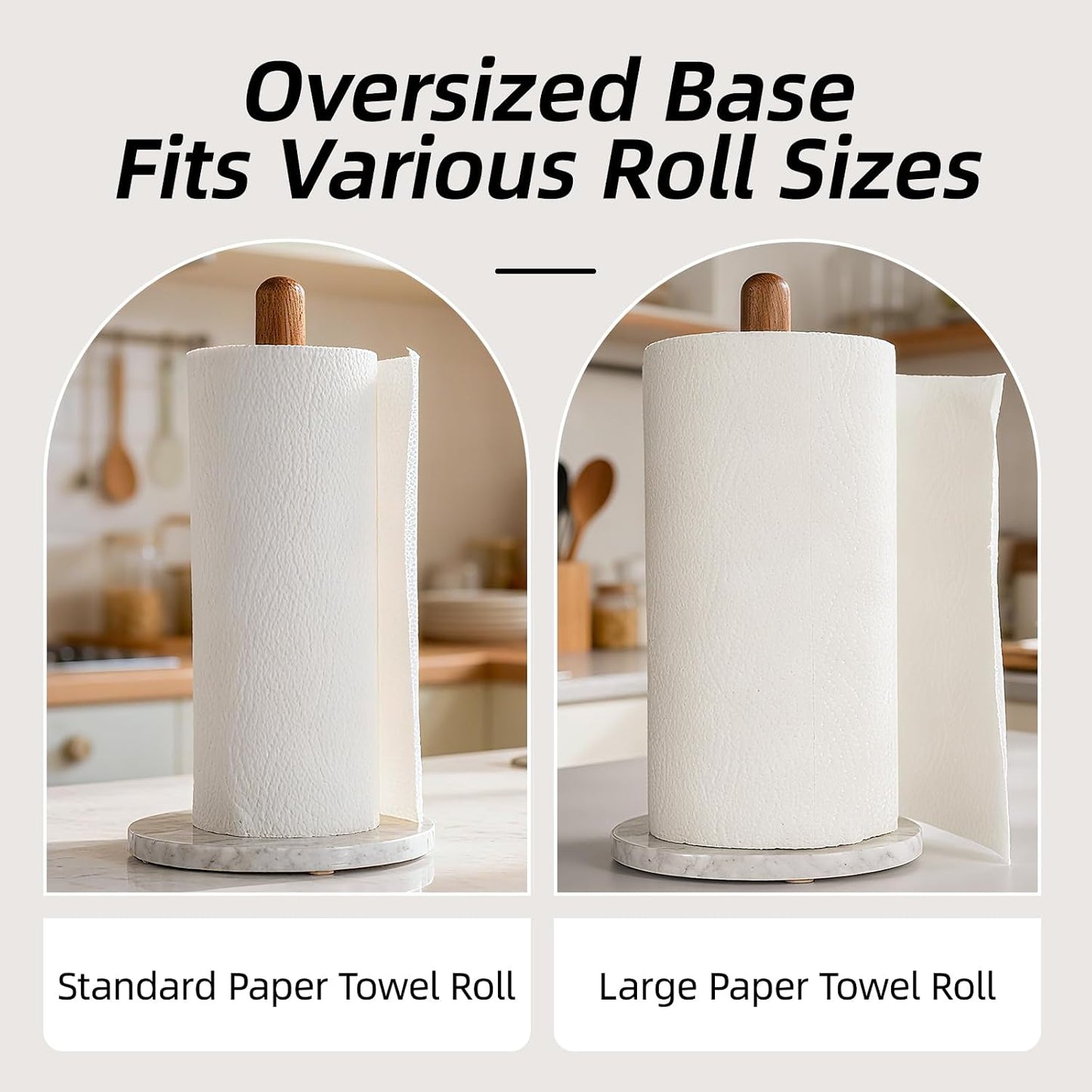 Acacia Wood & Marble Paper Towel Holder – Freestanding Paper Towel Holder for Countertop, Weighted for One-Handed Use