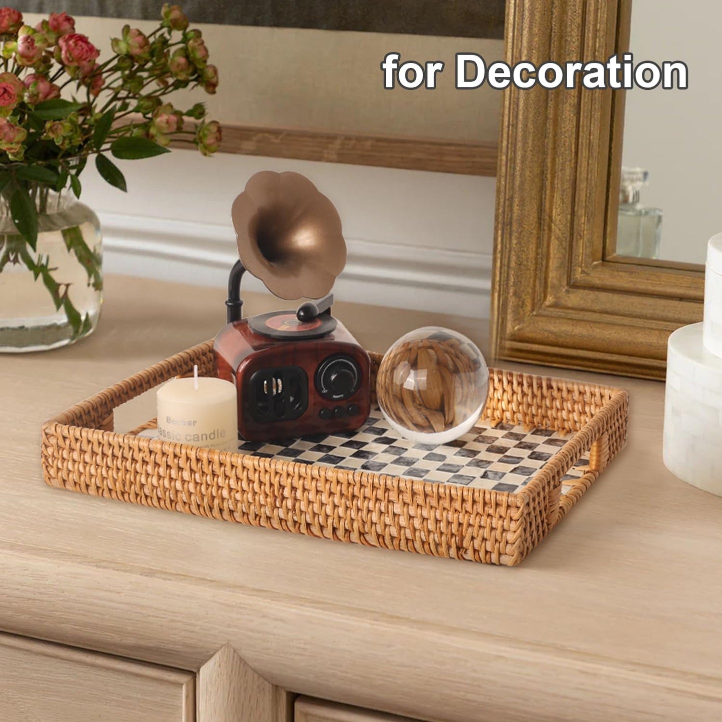 Rattan Serving Tray / Black Checkerboard