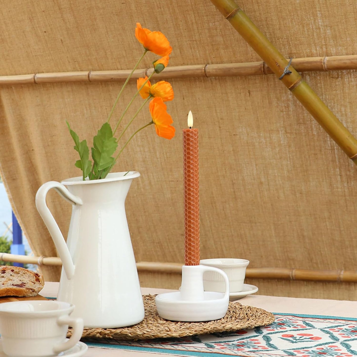 Honeycomb Flameless Taper Candles in Terracotta with Timer, Wax Finished Battery Operated Led Candles for Halloween