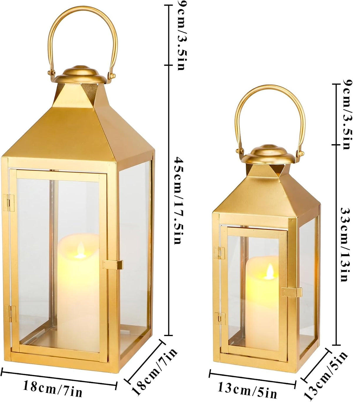 JHY DESIGN Set of 2 Gold Decorative Candle Lanterns 17.5"&13.5" H Metal Hanging Candle Holders for Indoor Outdoor Home