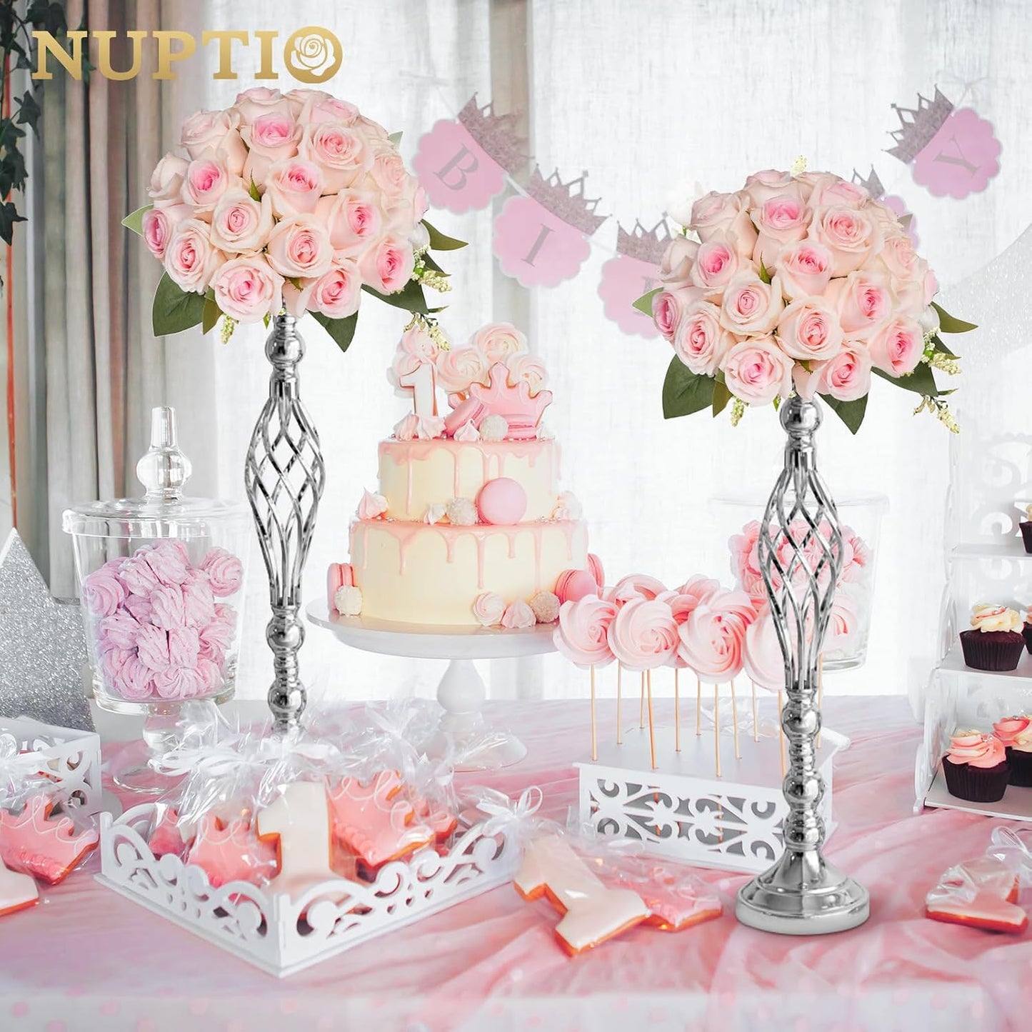NUPTIO Silver Centerpiece Stand for Table, Twist Style, 22.8" Tall, 2 Pcs | Versatile Flower Arrangement, Candle Holder