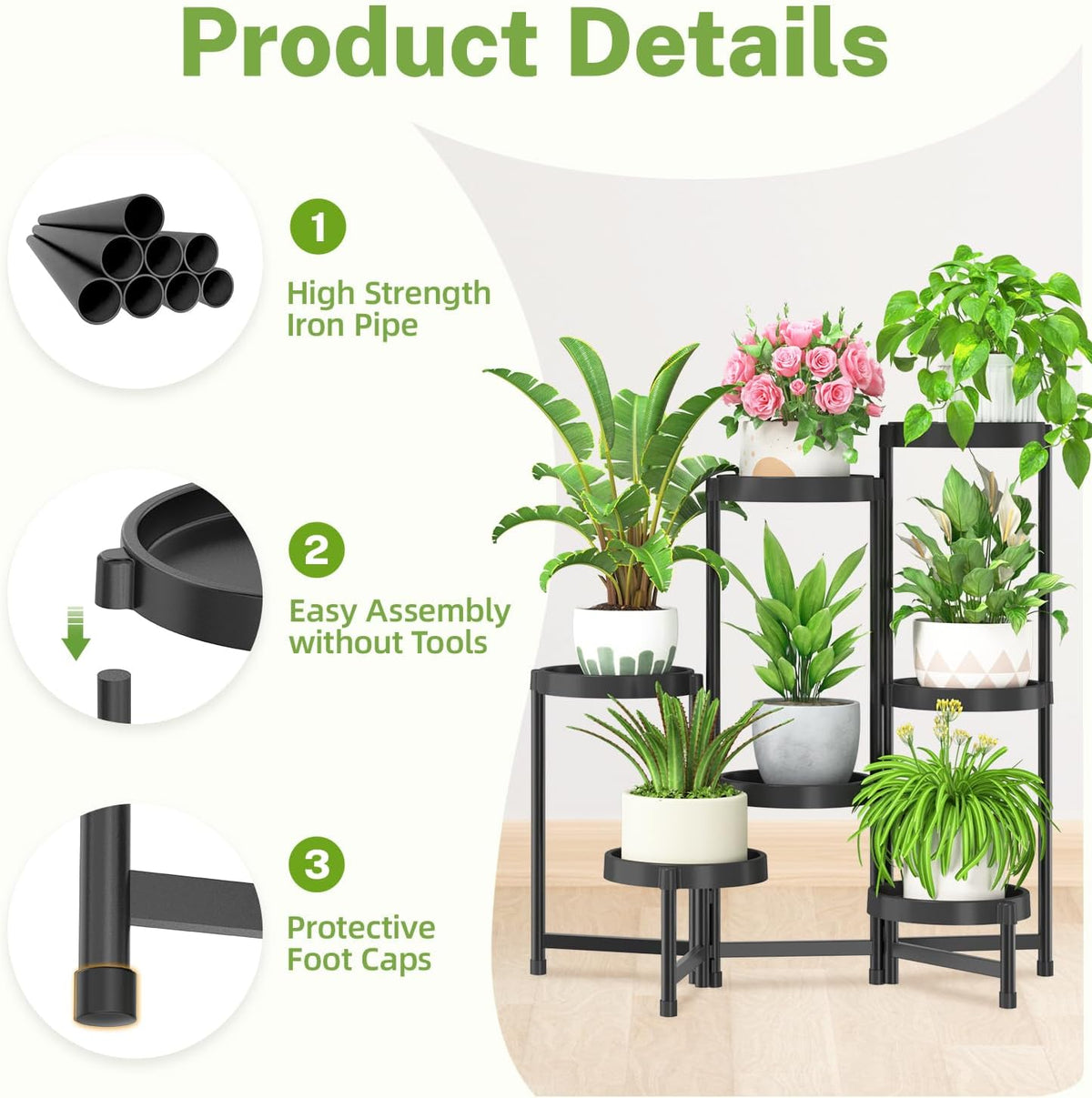 iDavosic.ly 7 Tier Folding Plant Stand Indoor Outdoor, Plastic Tray, Black | Space Saving Tiered Corner Storage Display