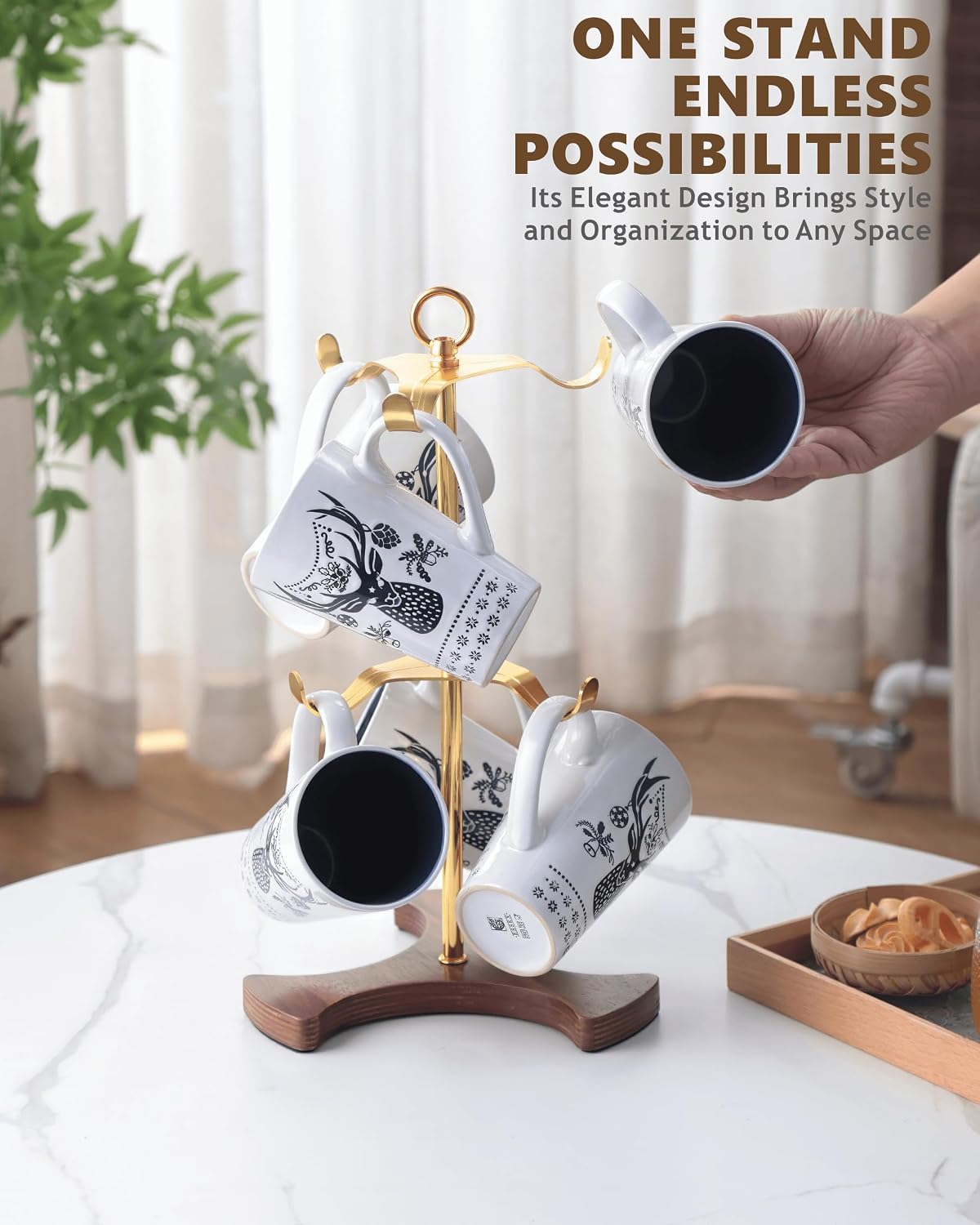 Gold Mug Holder Tree for Countertop | 2-Tier Coffee Mug Rack Holds 6 Large Mugs, 5oz to 20oz | Elegant Golden Cup Stand