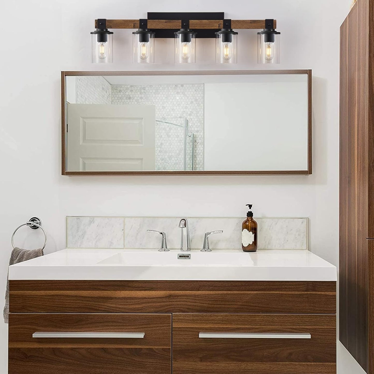DUJAHMLAND Farmhouse Vanity Lights, 5-Light Wood Bathroom Wall Lighting with Clear Glass, Industrial Metal Wall Sconce