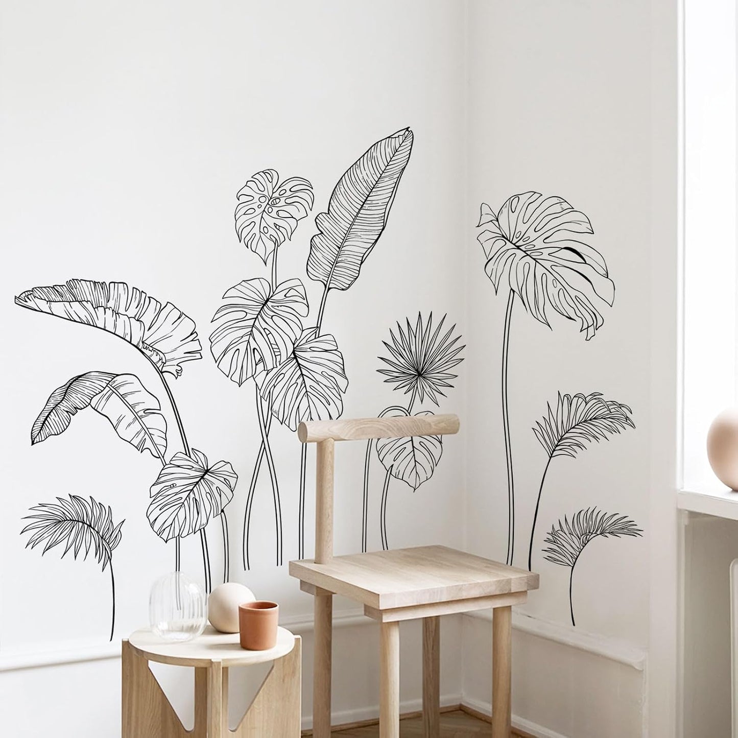 White Tropical Plants Wall Decals Sketch Palm Leaves Wall Stickers Simple Line Monstera Leaf / Black