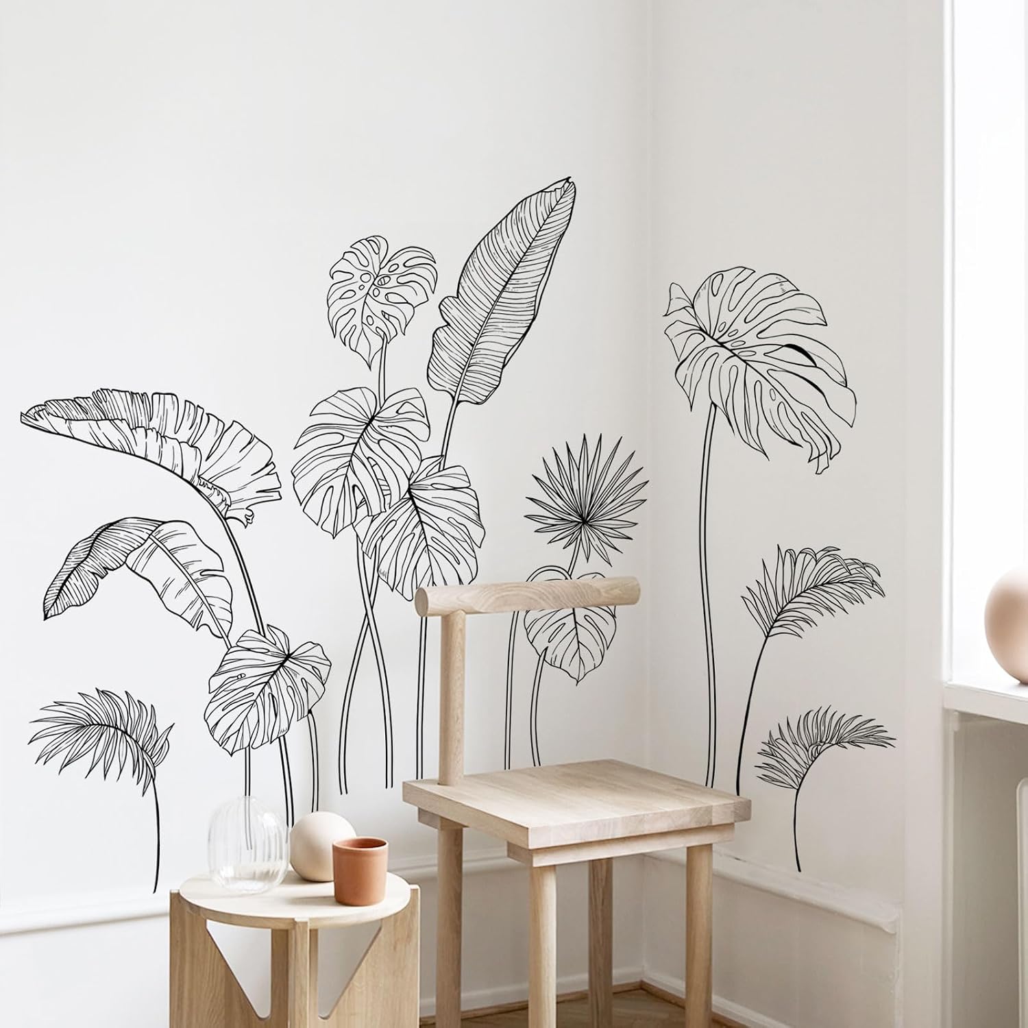 White Tropical Plants Wall Decals Sketch Palm Leaves Wall Stickers Simple Line Monstera Leaf / Black