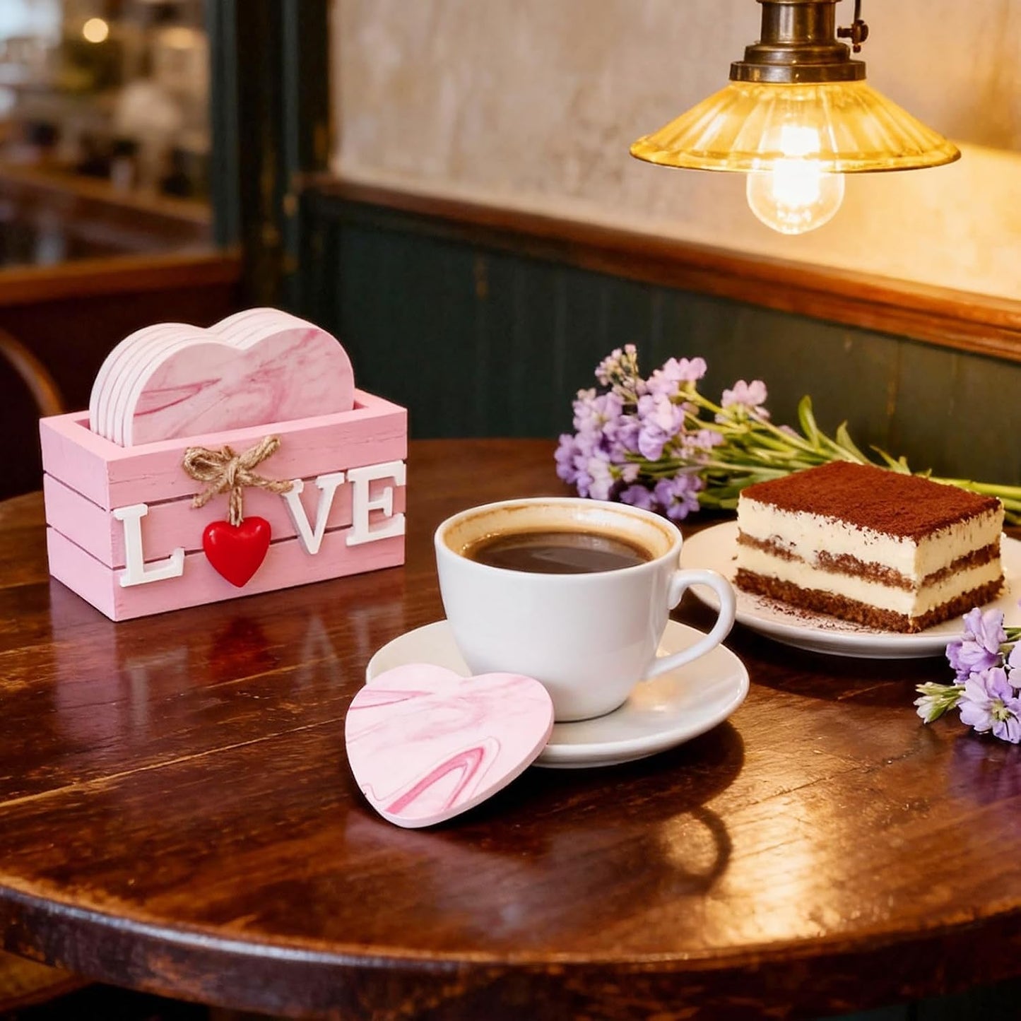 Holder / Heart Wooden Cup Coasters / Pink Heart Wooden Coasters / Set of 6