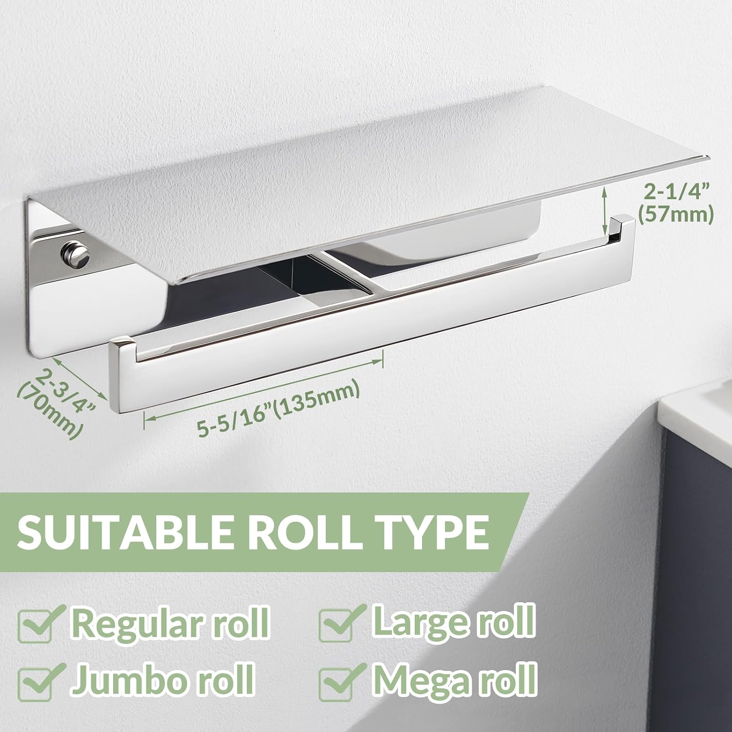 APLusee Double Toilet Paper Holder with Storage Shelf, Polished Chrome | Rustproof 304 Stainless Steel for Bathroom