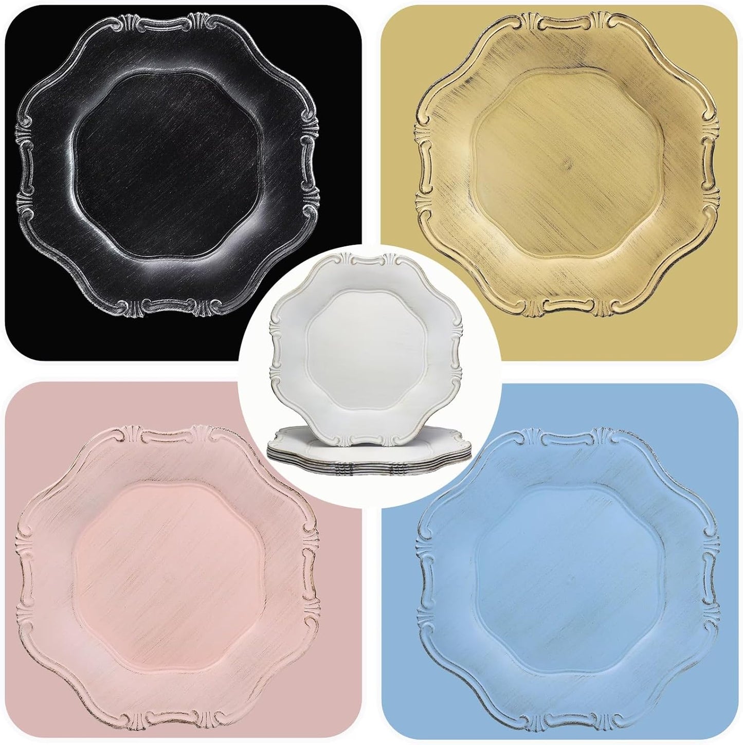 Black Charger Plates Set of 6, Decorative Table Plastic Chargers for Dinner Plates, Party, Wedding, Thanksgiving