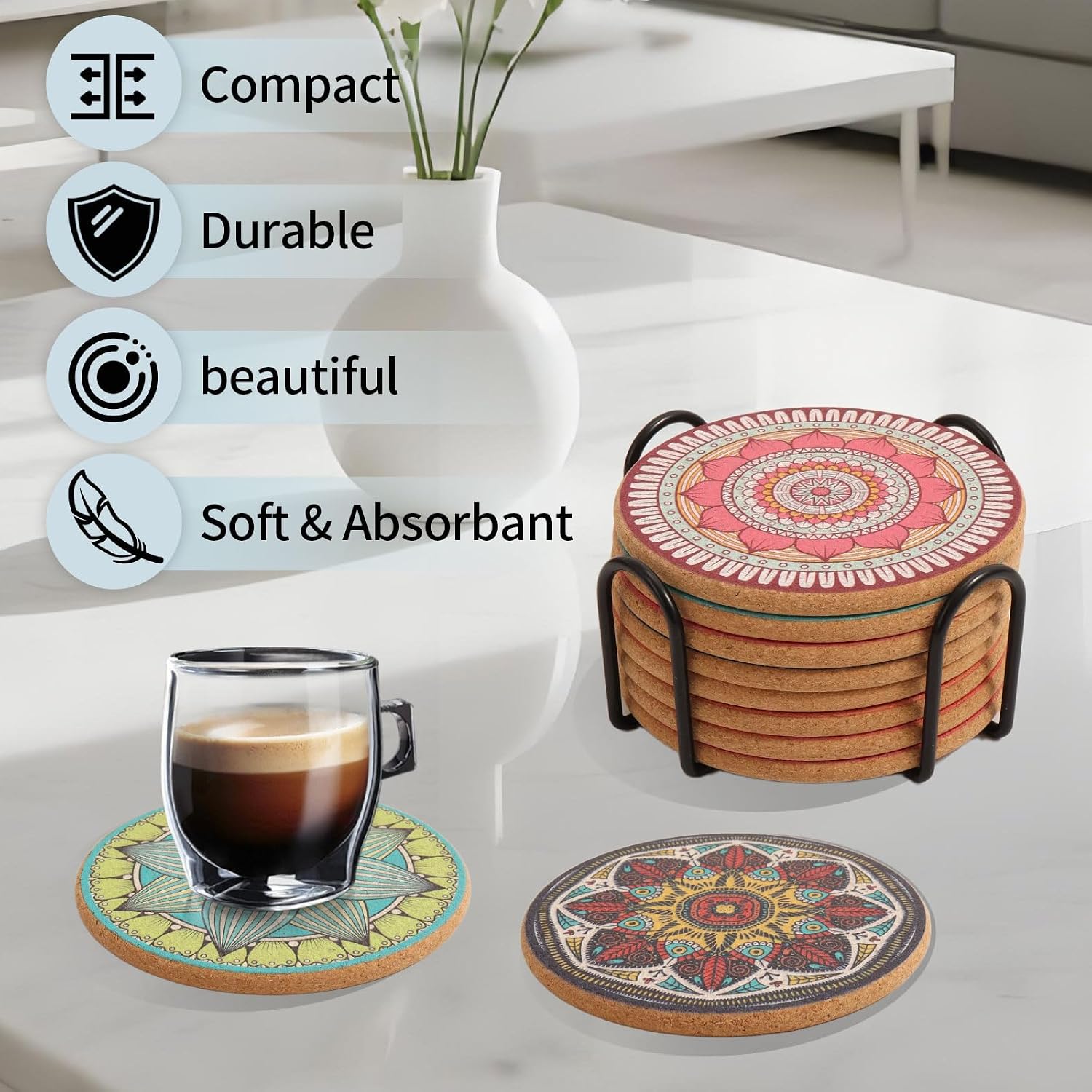 Holder / Round Boho Coasters for Drinks / Mandala Coasters2 / Set of 8