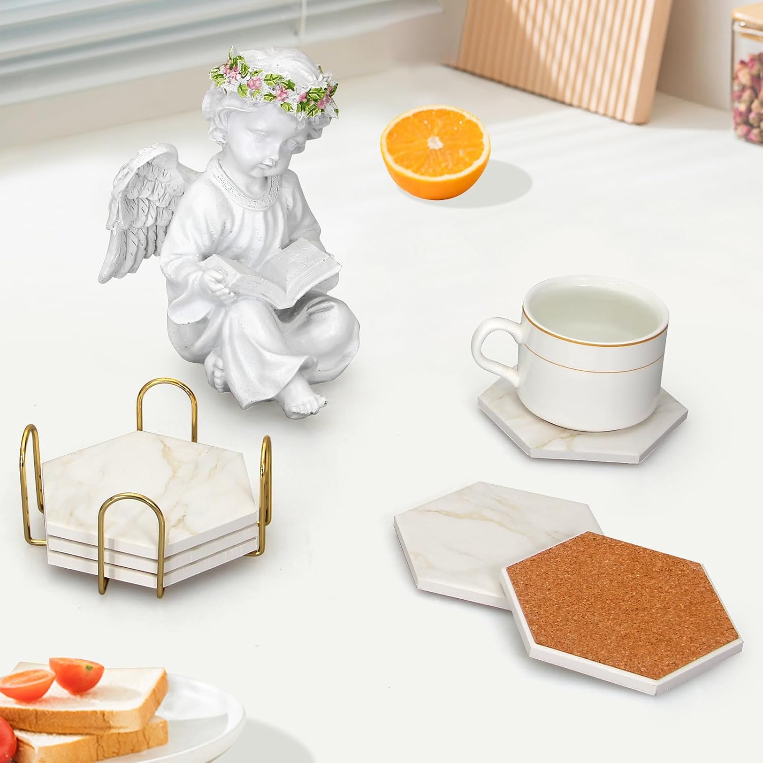 Holder Hexagon Ceramic Coasters Absorbent Coasters Drink Coasters Set for Coffee / Beige / Set of 6