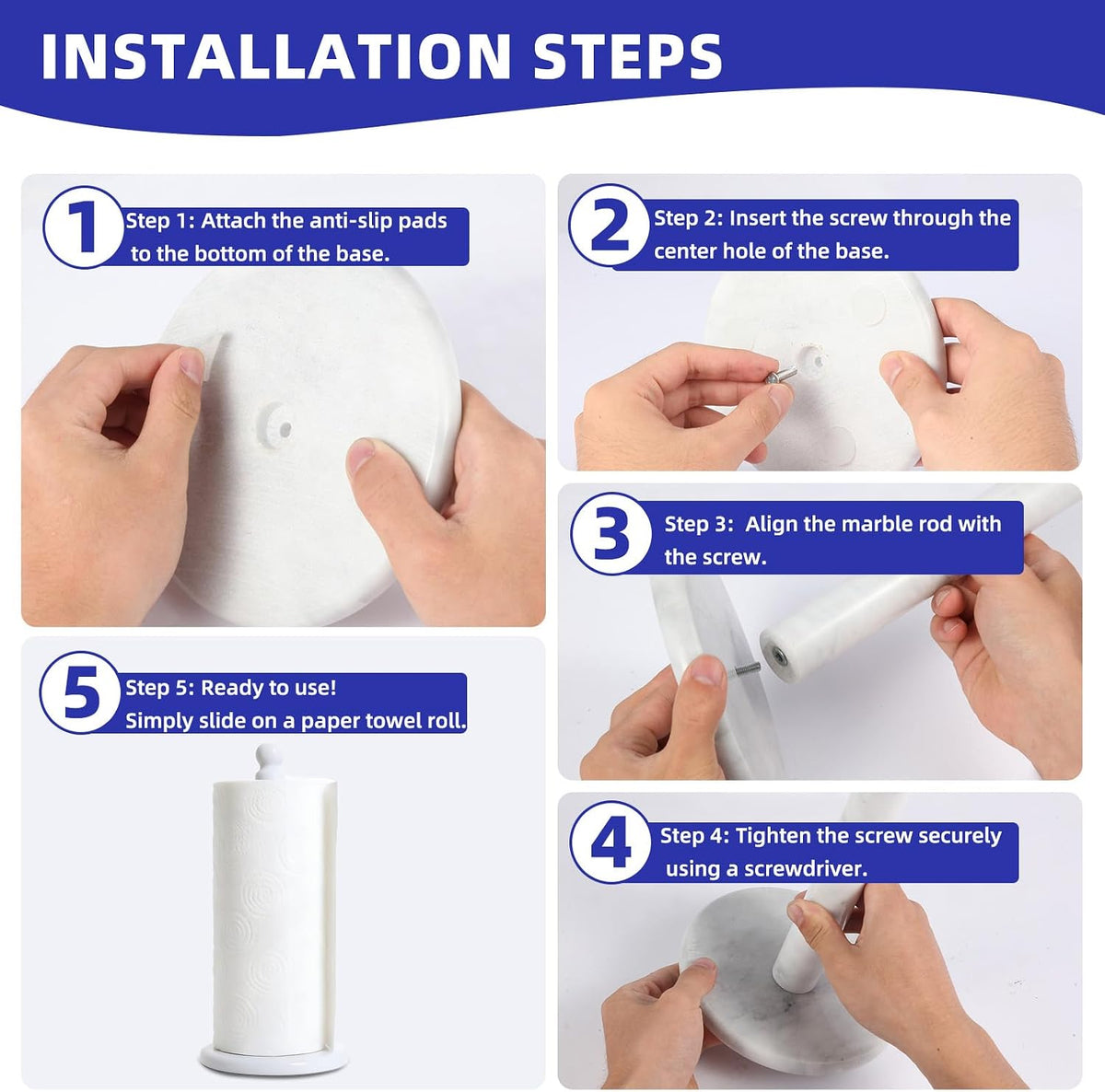 Premium White Marble Paper Towel Holder for Kitchen Countertop, Heavy Duty Freestanding Paper Towel Stand with 3 Lbs